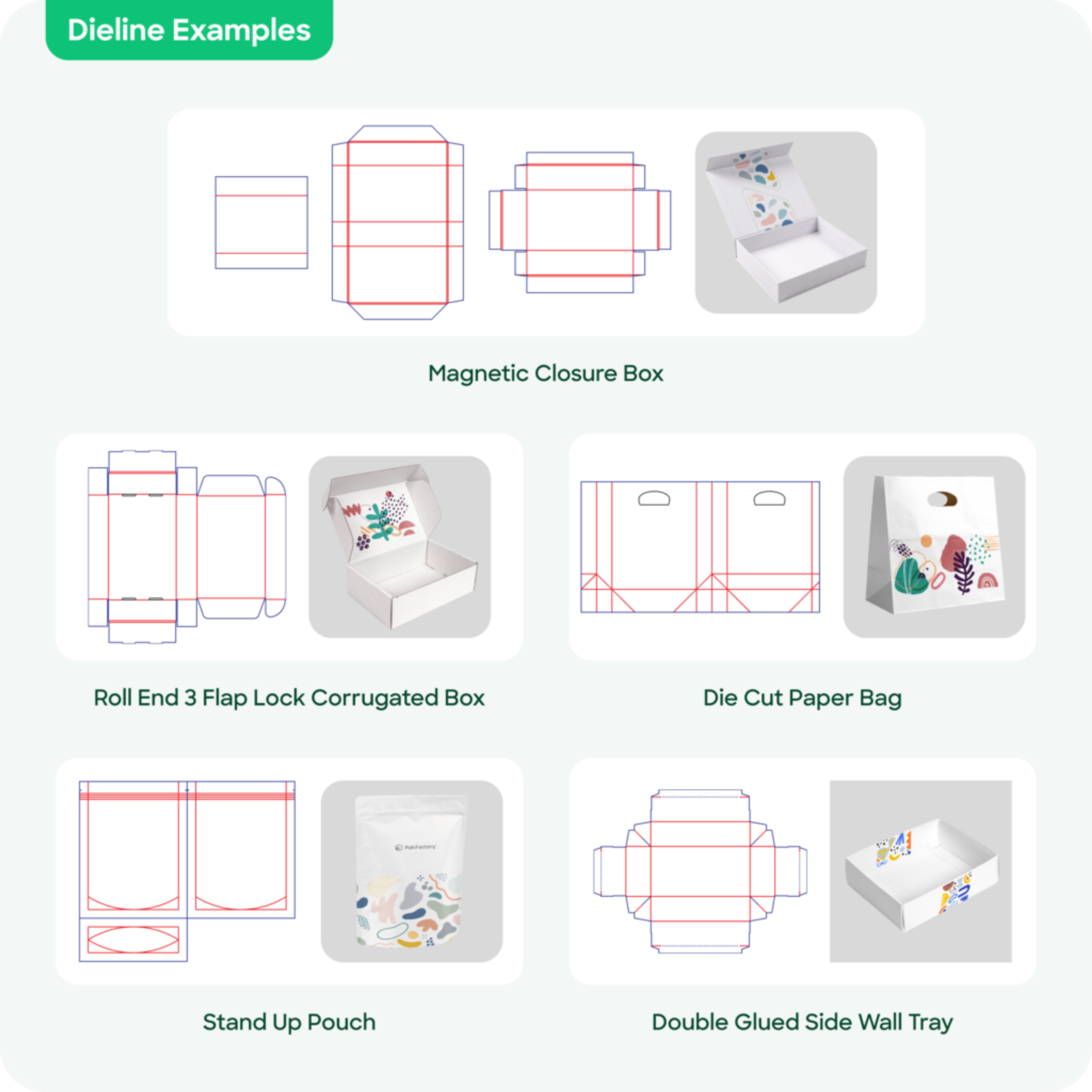 Examples of dielines for various packaging designs
