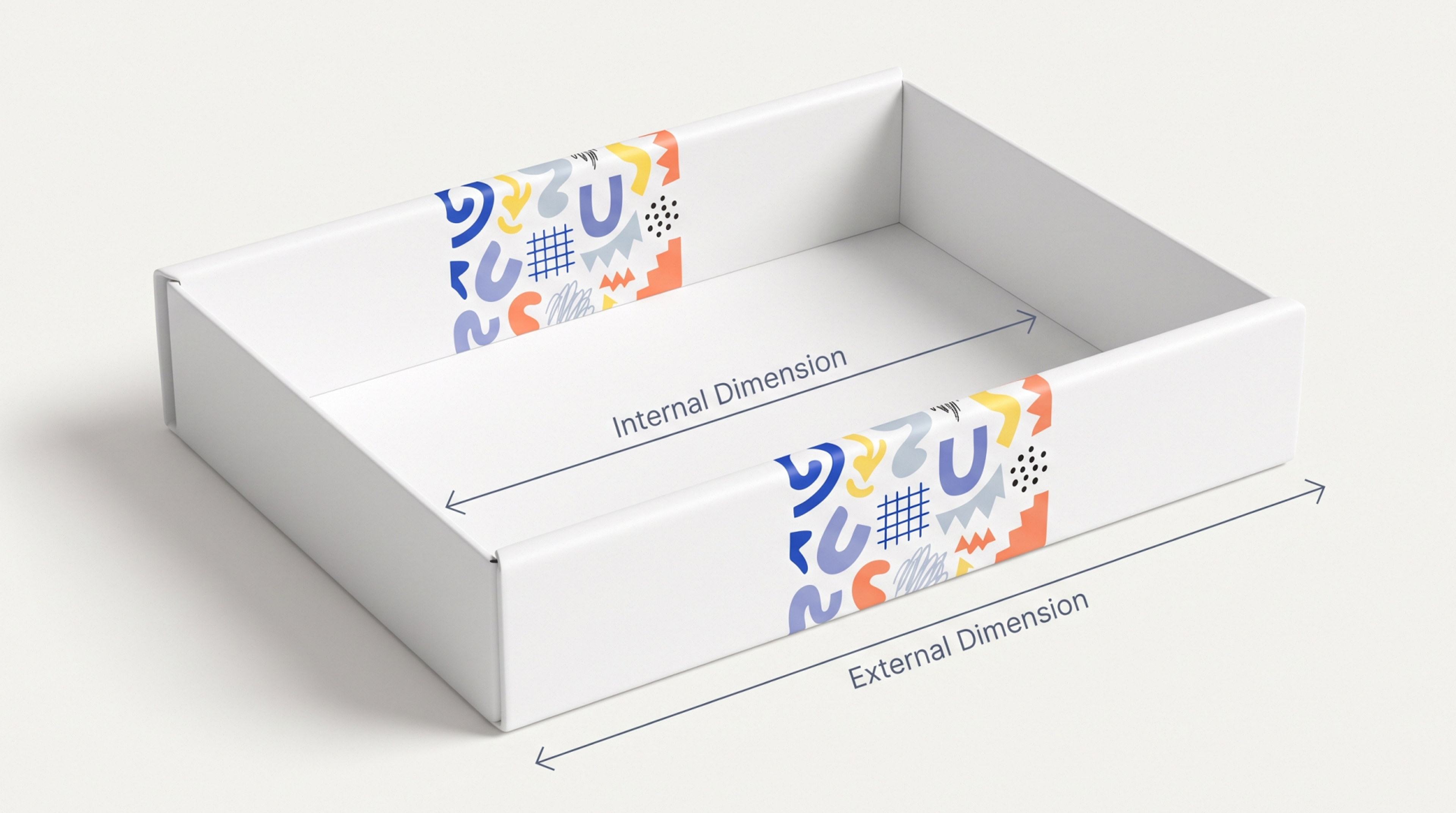 Open white box with arrows comparing the internal dimension to the longer external dimension.