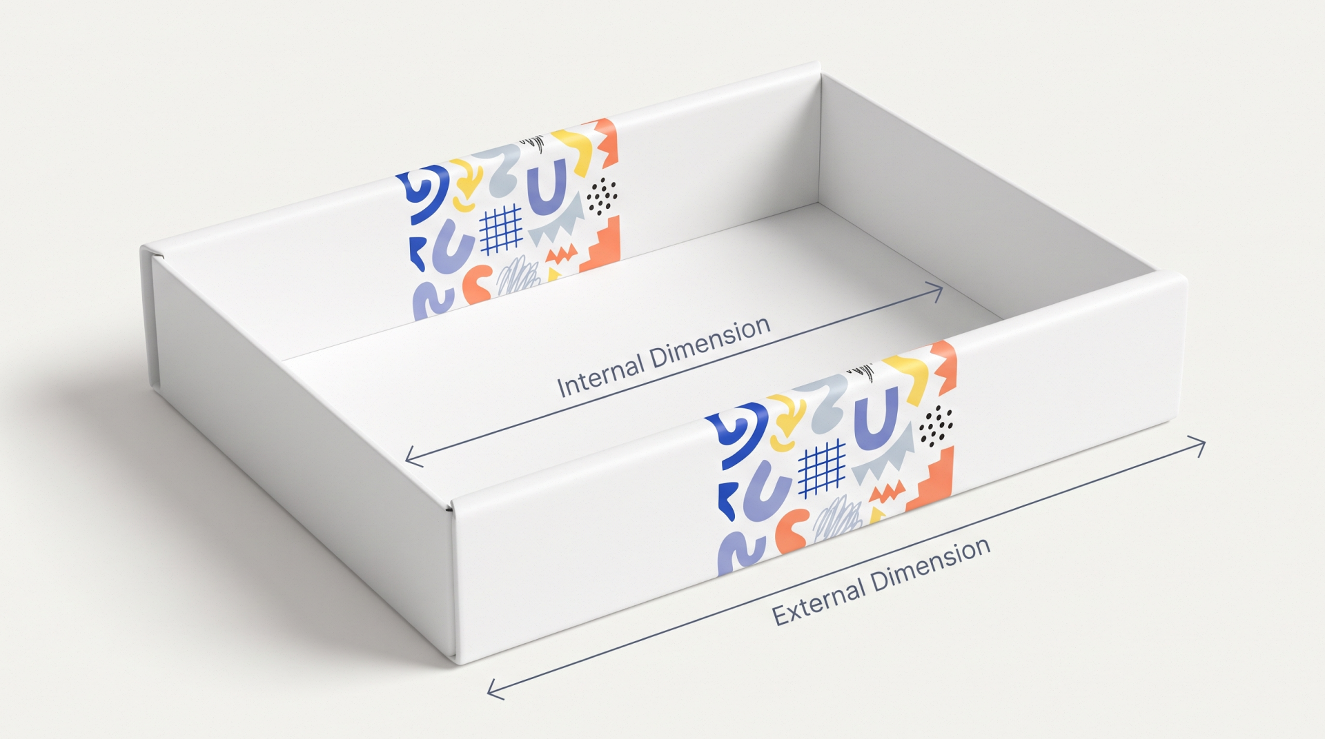 Open white box with arrows comparing the internal dimension to the longer external dimension.