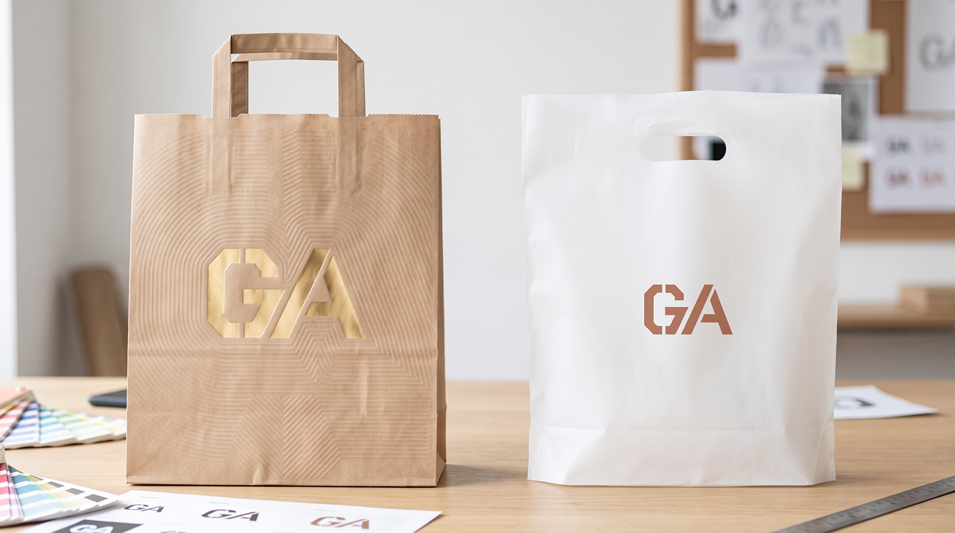 Kraft bag with a gold foil embossed logo beside a white die-cut handle bag with a flat printed logo.