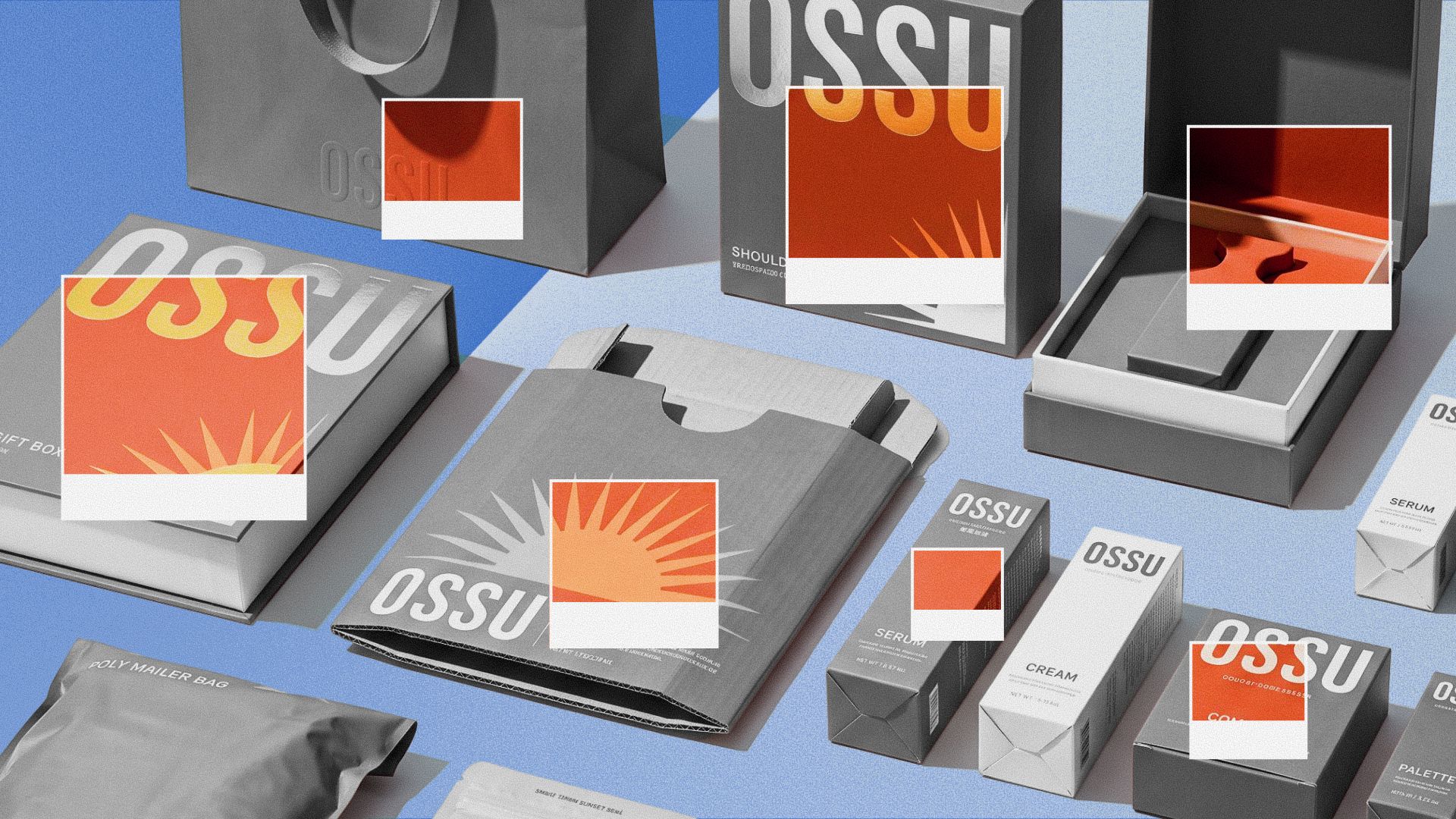 Various OSSU packaging formats with overlaid swatches showing consistent orange color matching across materials.