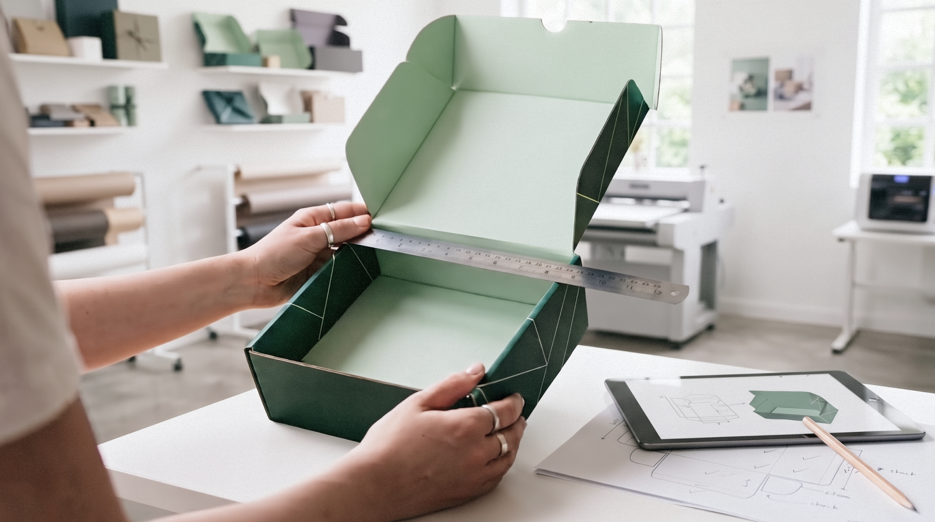 Hands measuring the inside of an open green mailer box with a steel ruler, beside a tablet showing its dieline.