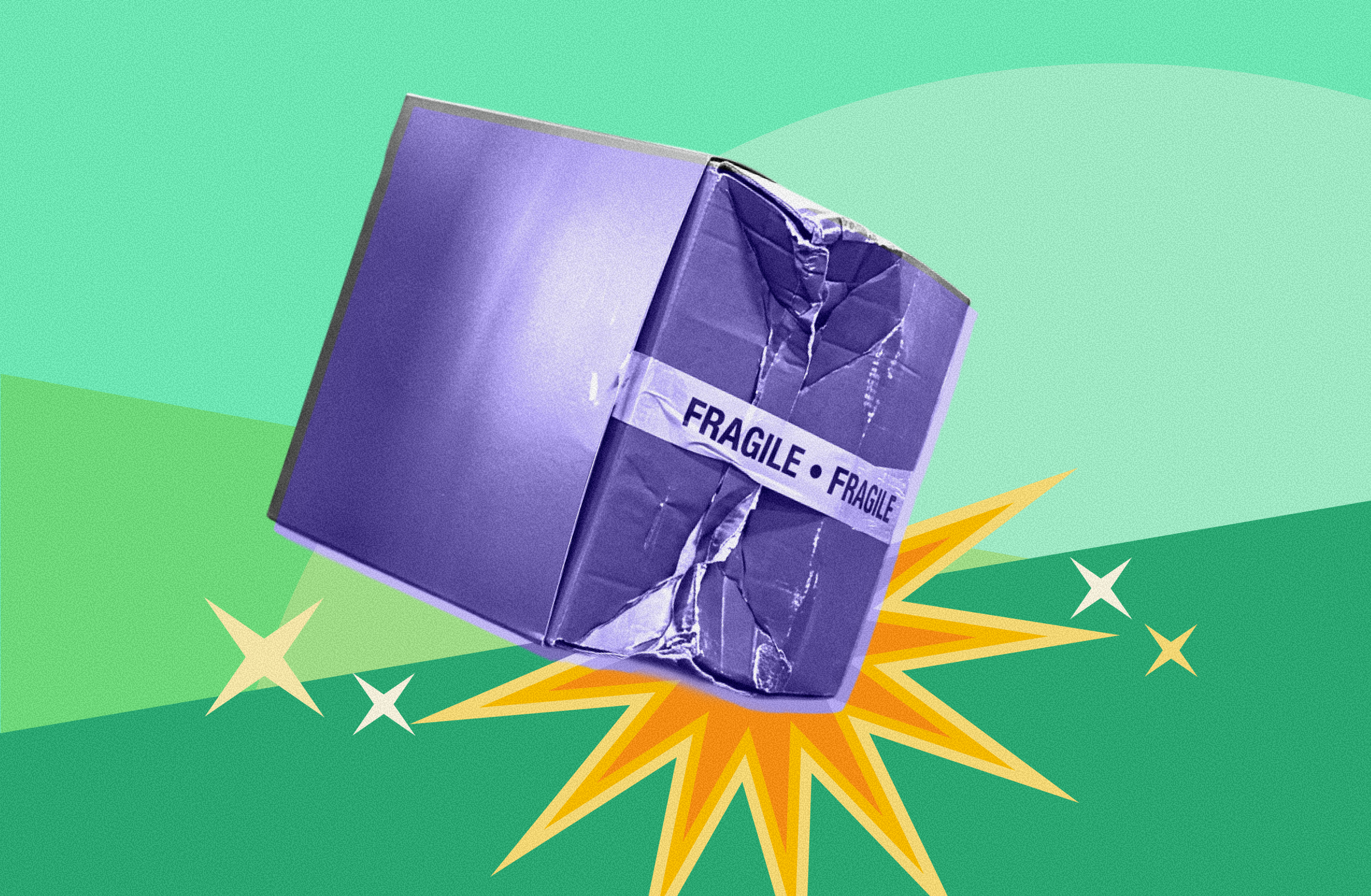 Illustration of a damaged purple Fragile-taped box hitting the ground in an impact burst, signaling packaging failure.
