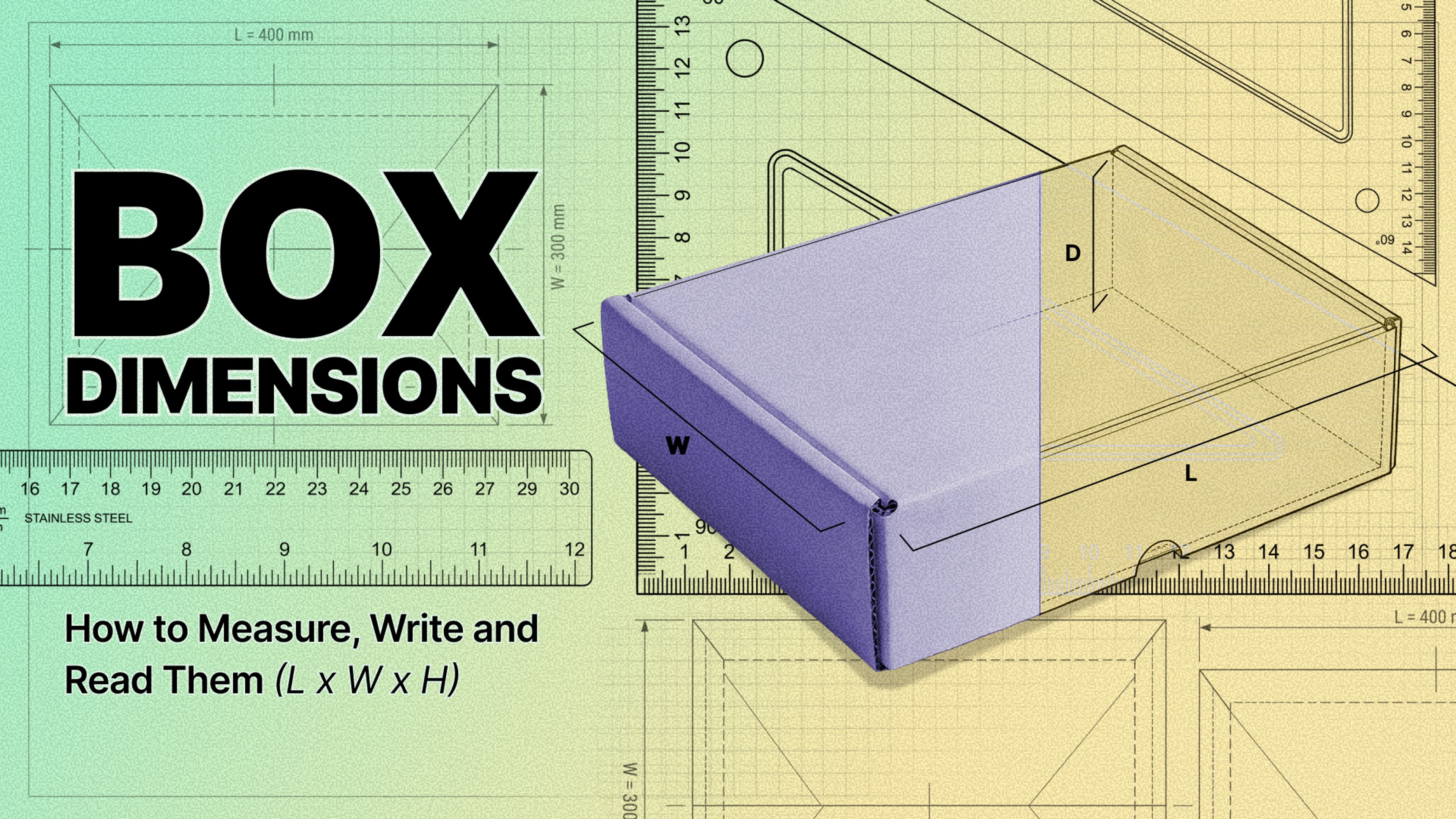 A corrugated mailer box with its length, width, and height labeled over a measurement blueprint.