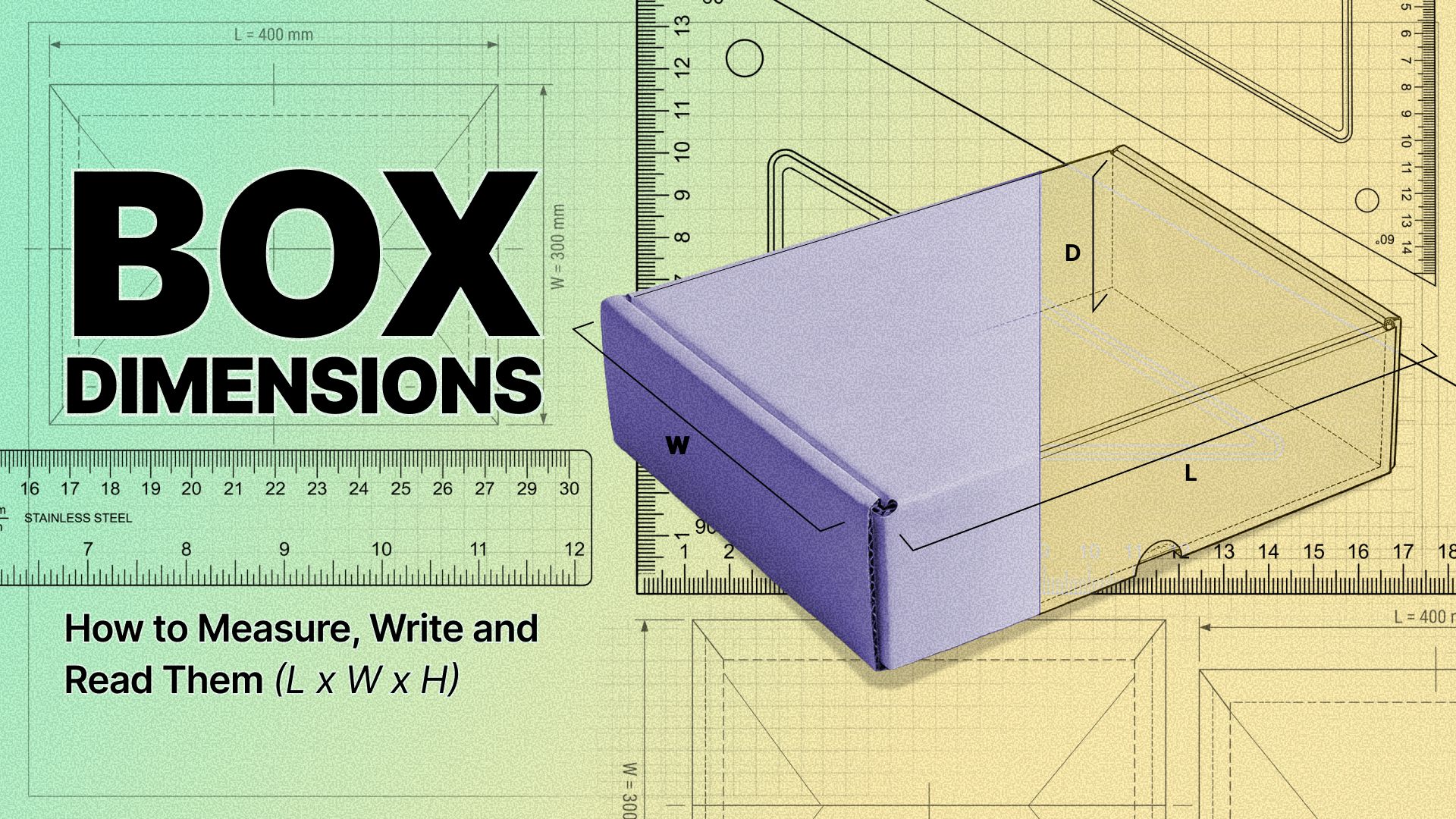A corrugated mailer box with its length, width, and height labeled over a measurement blueprint.