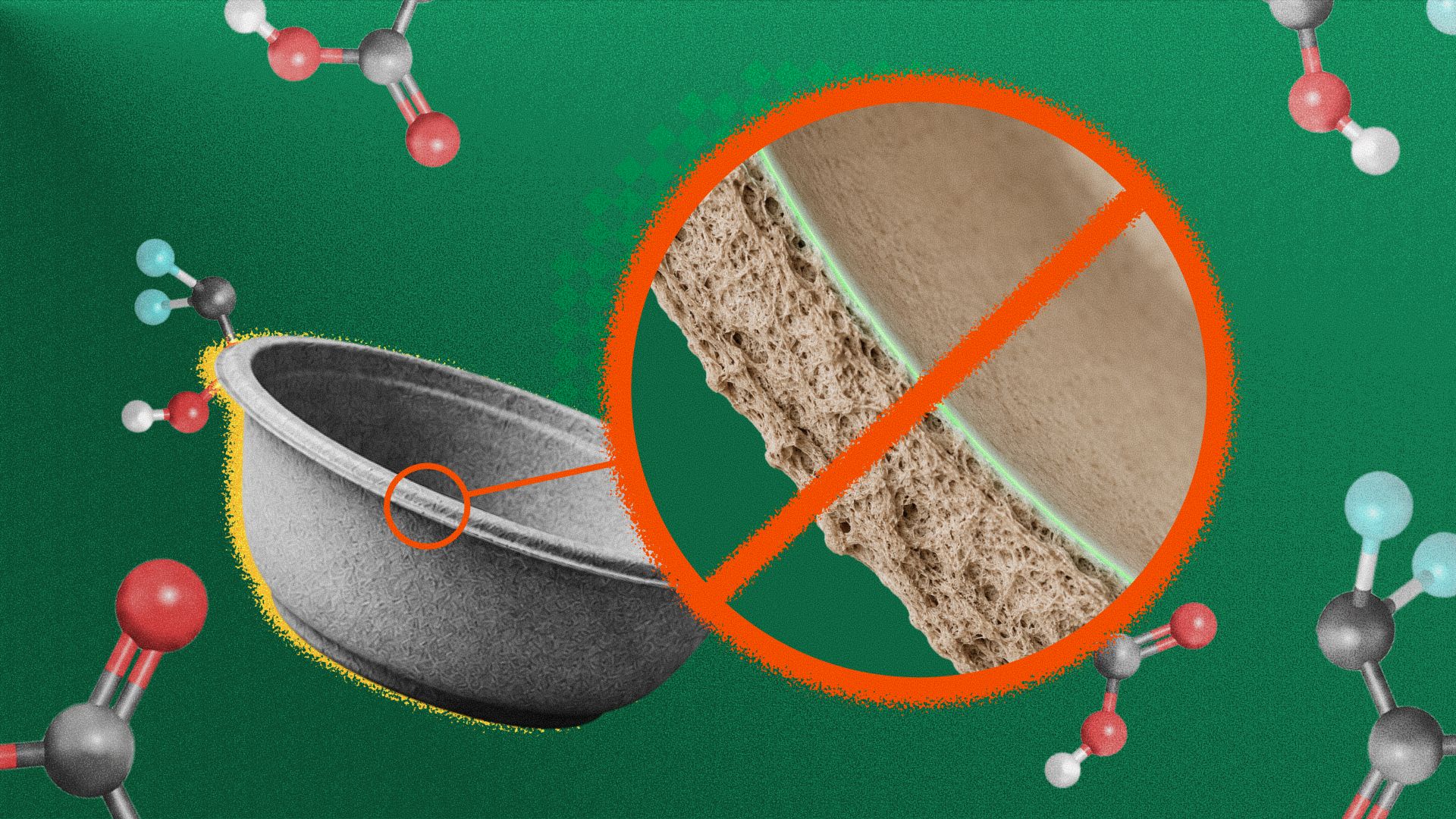 Graphic of a molded fiber bowl and a red ban symbol over its lining cross-section, surrounded by chemical molecules.
