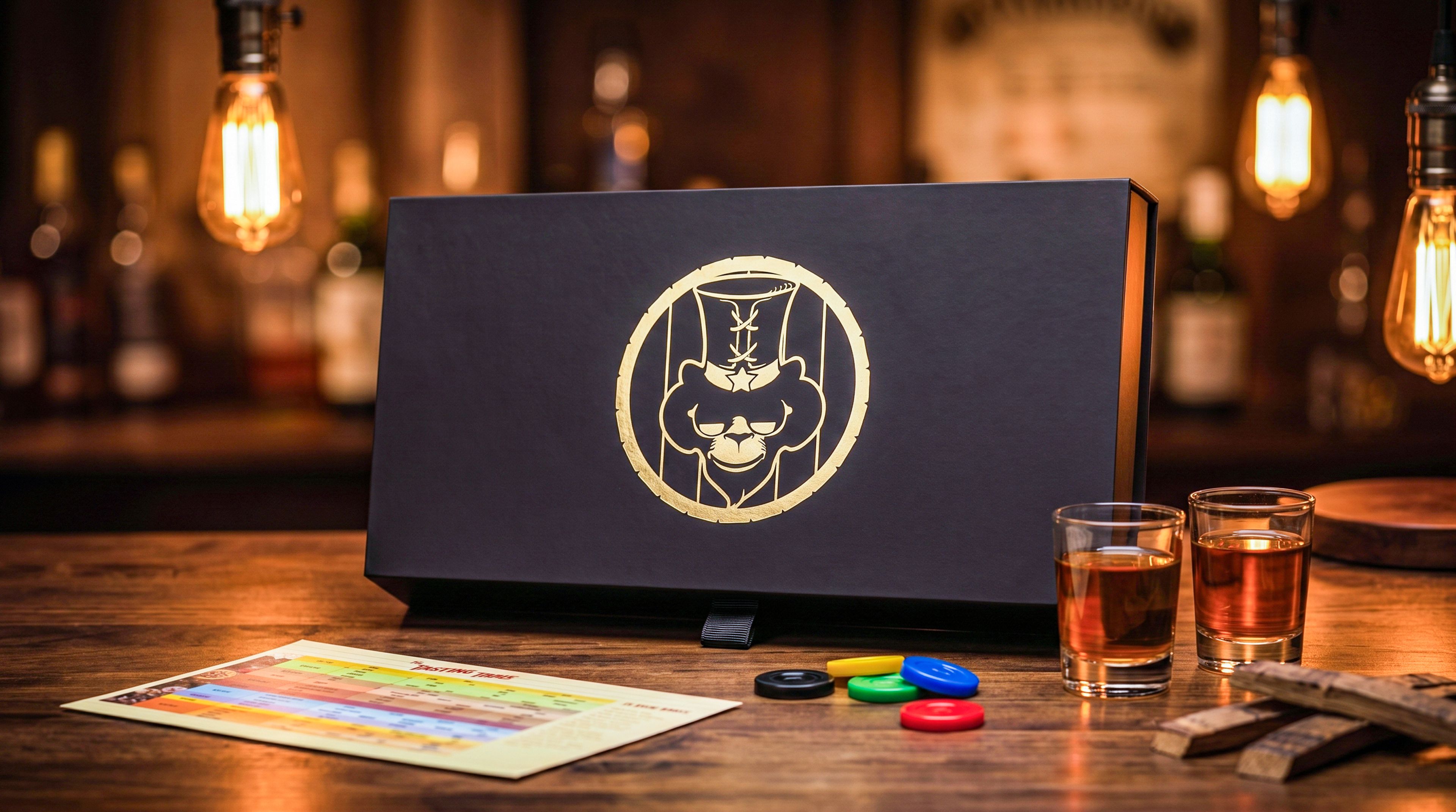 Closed Blind Barrels black soft-touch box with a gold foil logo on a wooden table next to whiskey glasses.