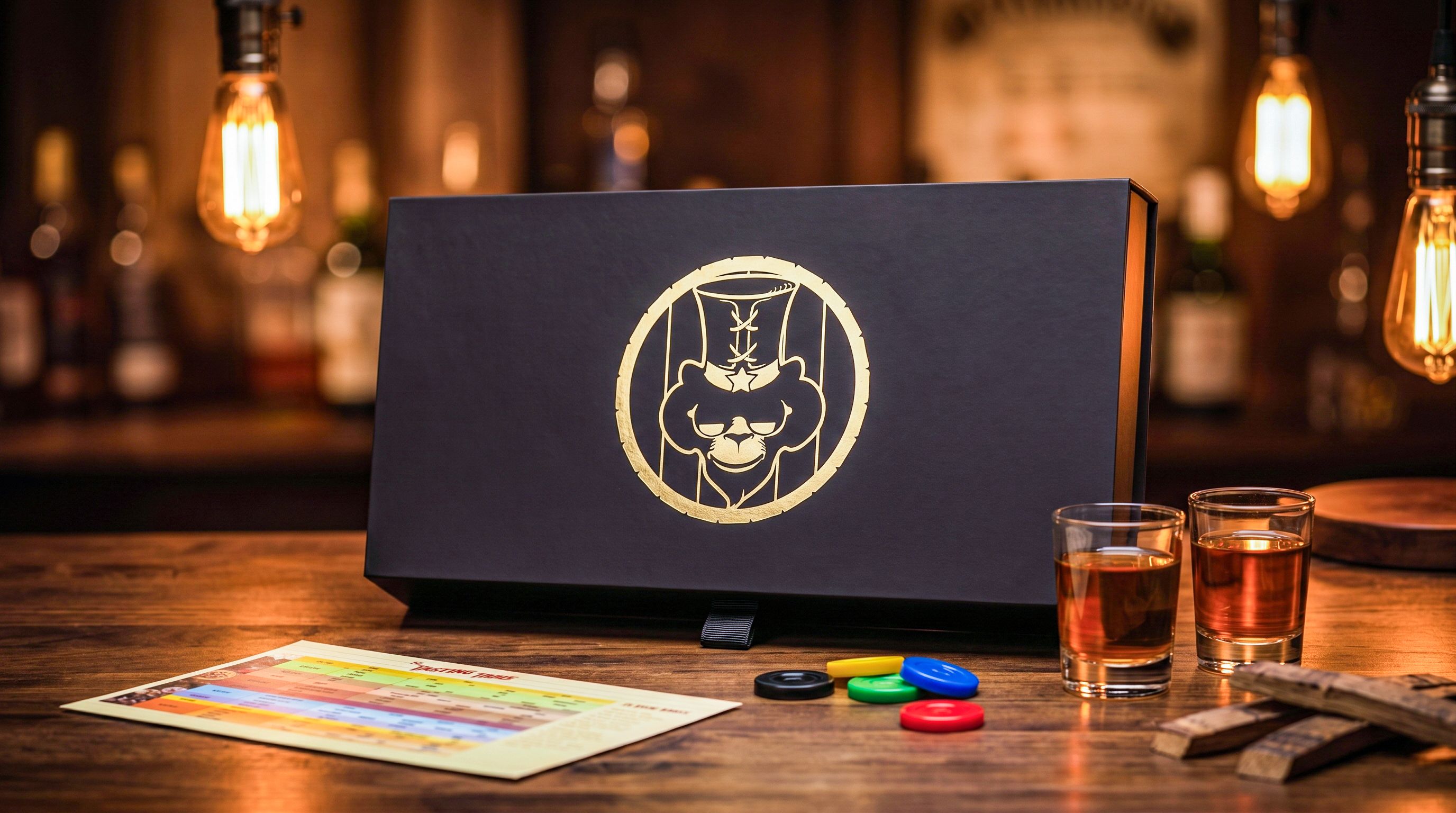 Closed Blind Barrels black soft-touch box with a gold foil logo on a wooden table next to whiskey glasses.