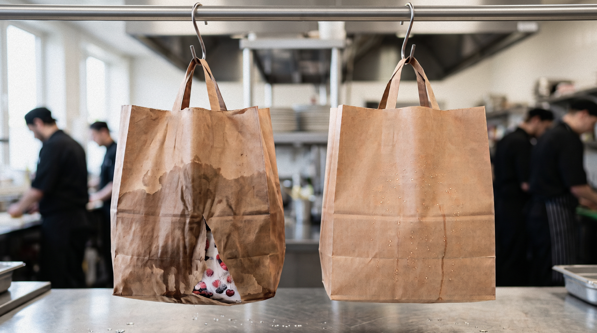 Two kraft bags hanging in a kitchen: one soaked through and split open, one beading water and intact.
