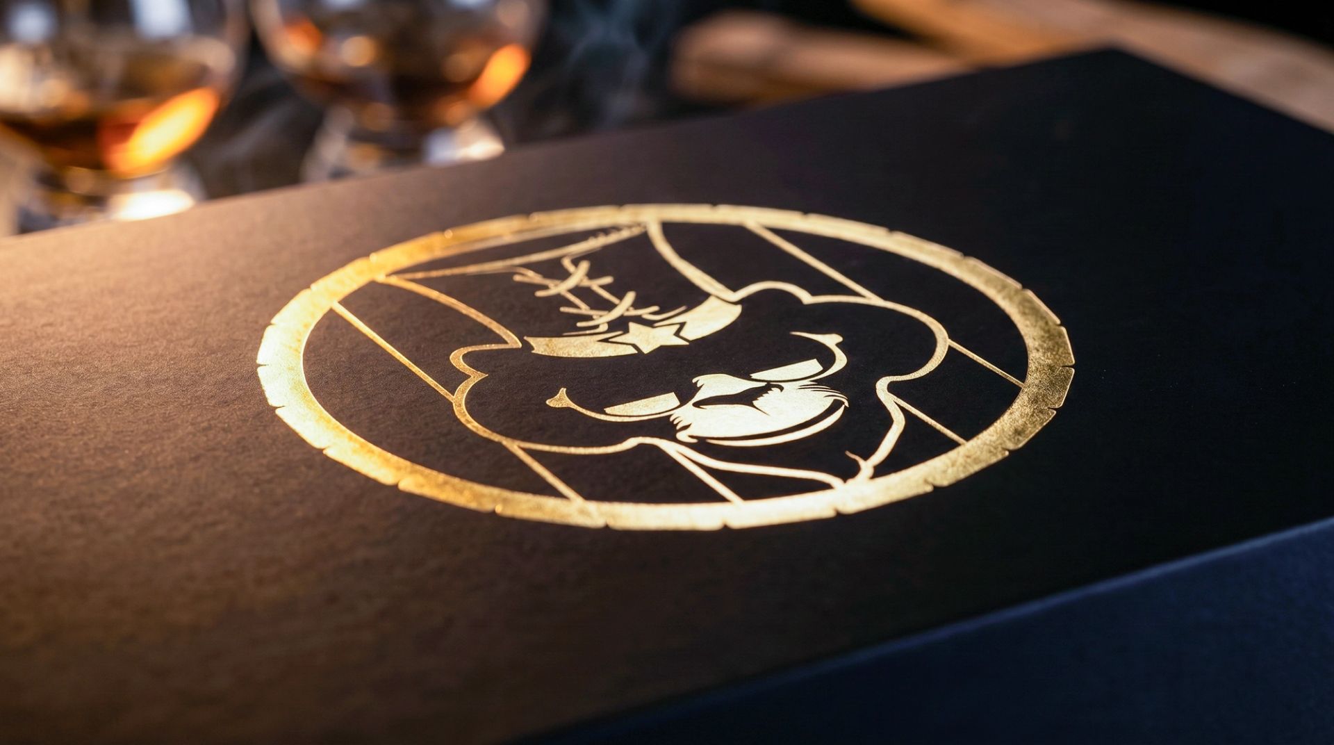 Macro shot of the metallic gold foil logo stamped onto the matte black soft-touch whiskey box.
