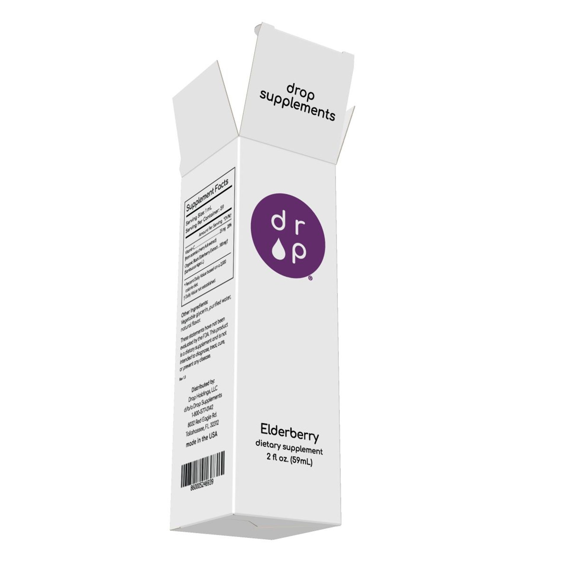 3D render of an open white Drop Supplements Elderberry box showing the back supplement facts panel.