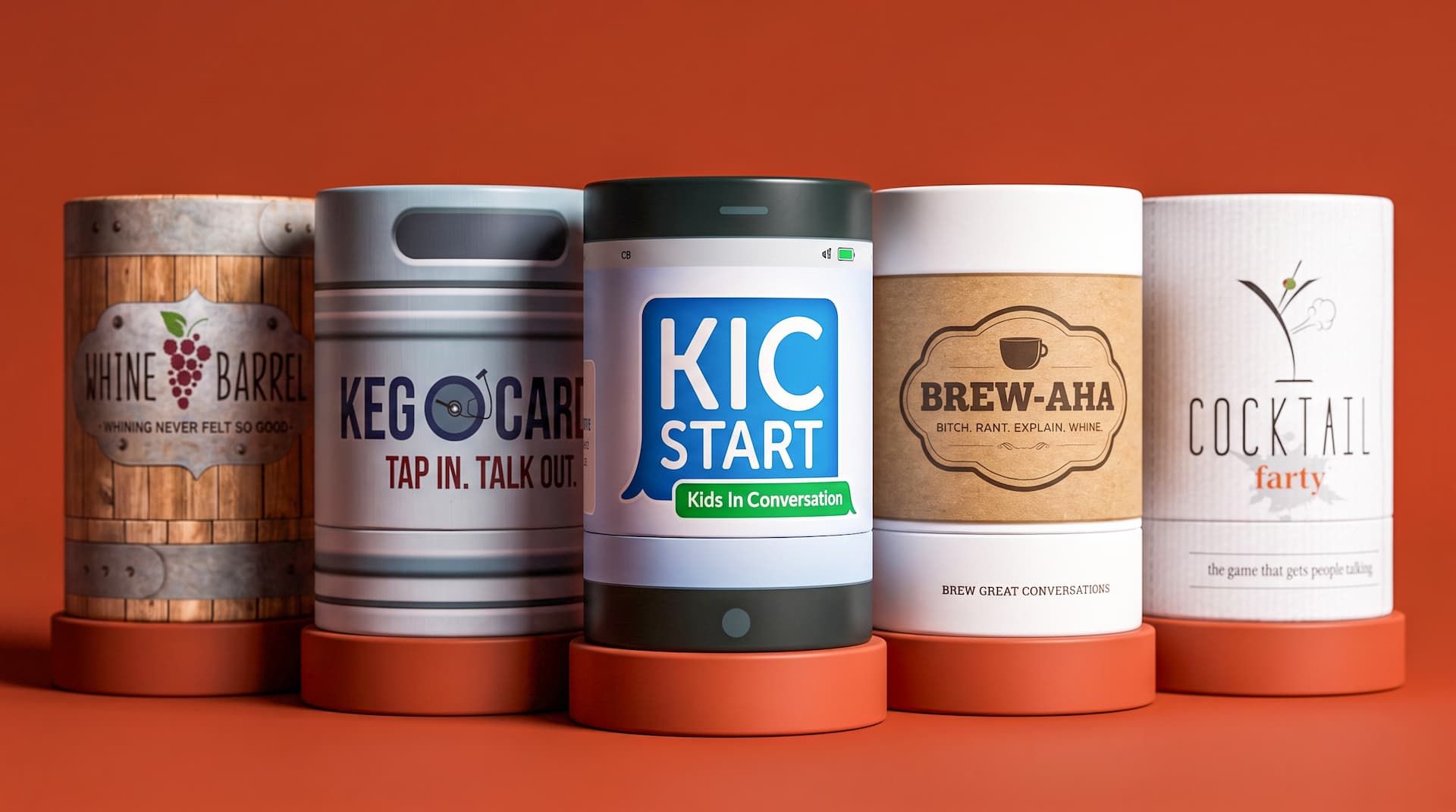 A row of five closed cylindrical conversation game tubes displayed on round terracotta risers against a matching background.