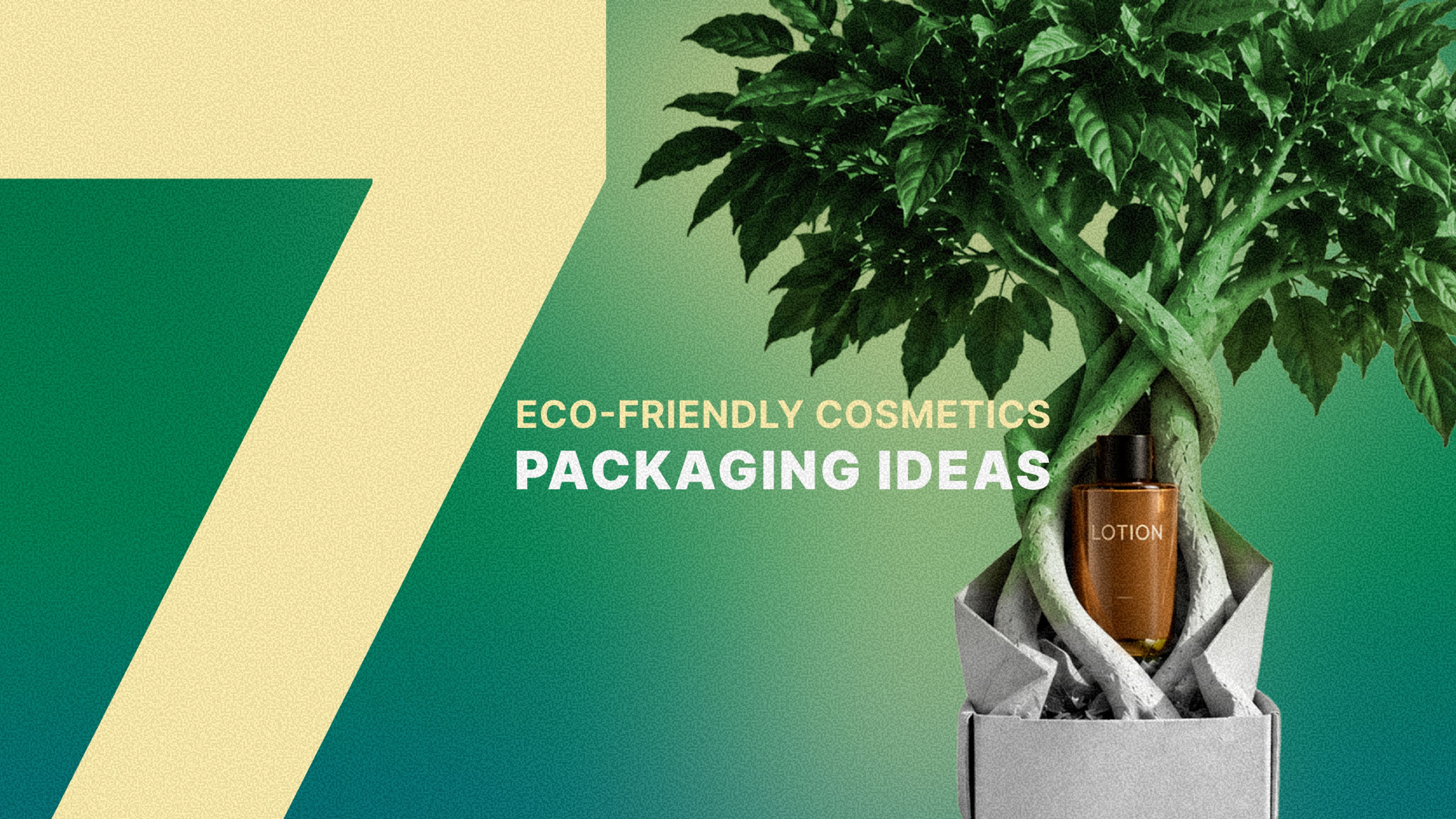 Brown lotion bottle in a gray paper box beside a tree, under the title 7 Eco-Friendly Cosmetics Packaging Ideas.