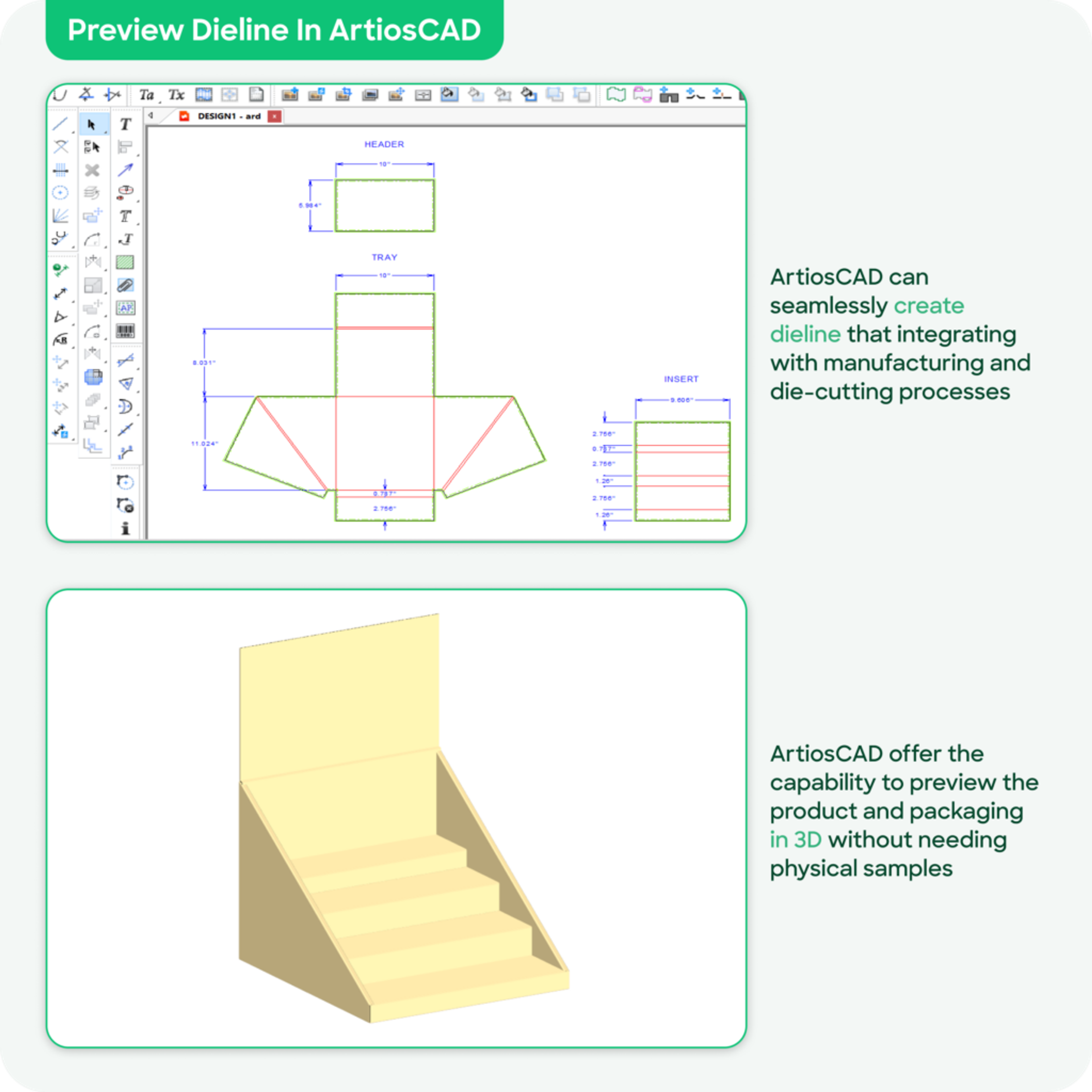Example of a dieline created in ArtiosCAD, along with its 3D rendering