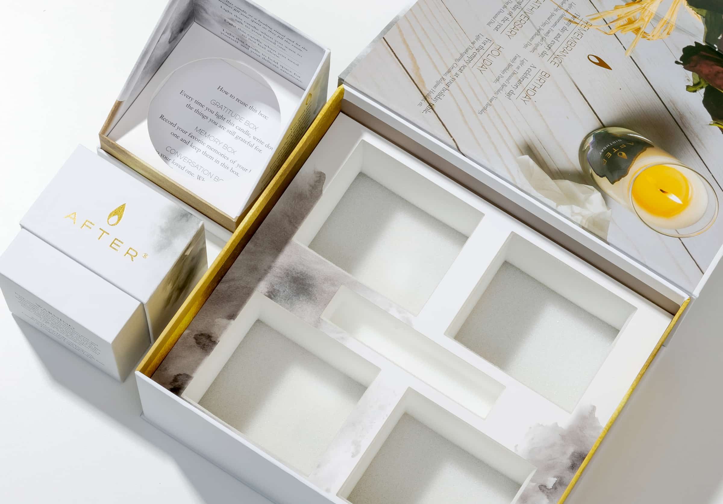 the after company rigid box with foam insert and printed paper