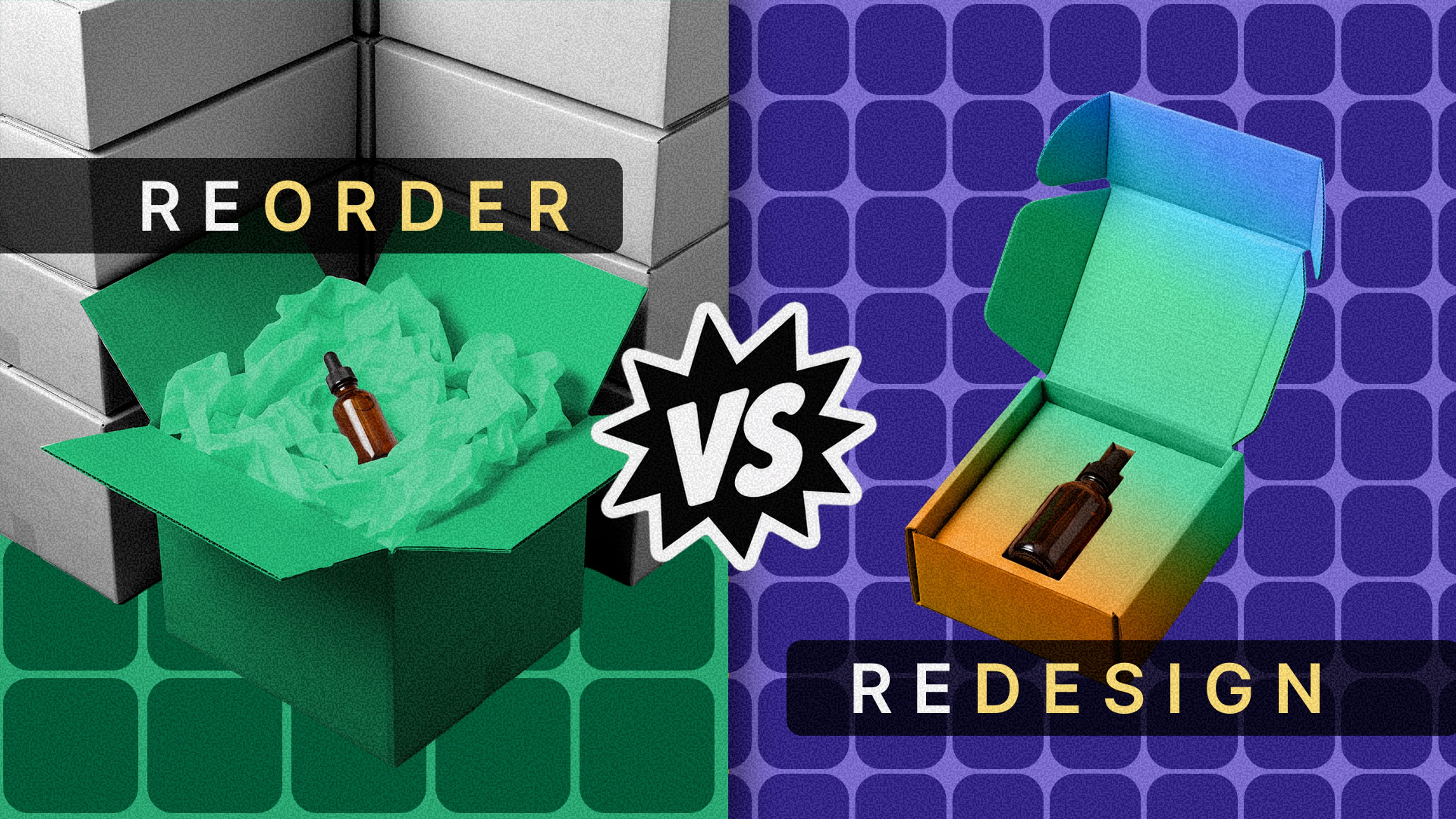 Reorder versus Redesign: an amber bottle in an oversized box with loose void fill, then in a right-sized mailer.