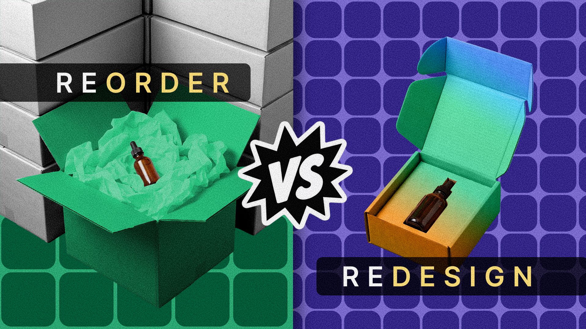 Reorder versus Redesign: an amber bottle in an oversized box with loose void fill, then in a right-sized mailer.