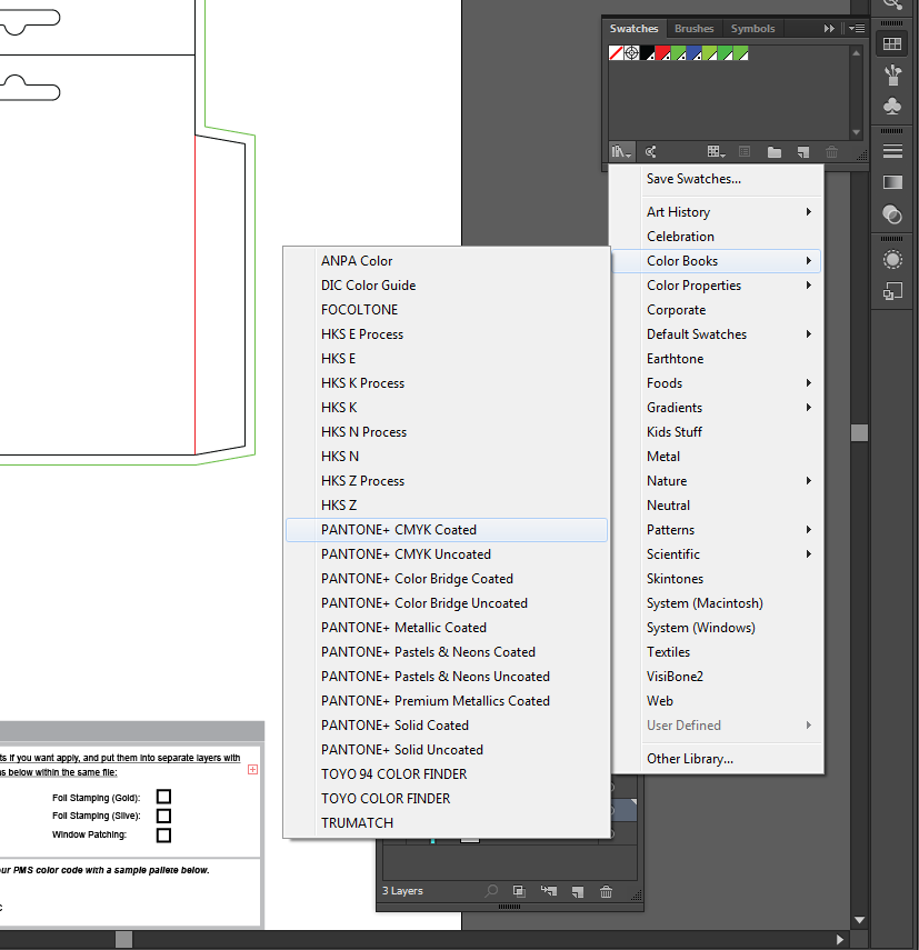 Accessing the Pantone Color Swatch your custom box.