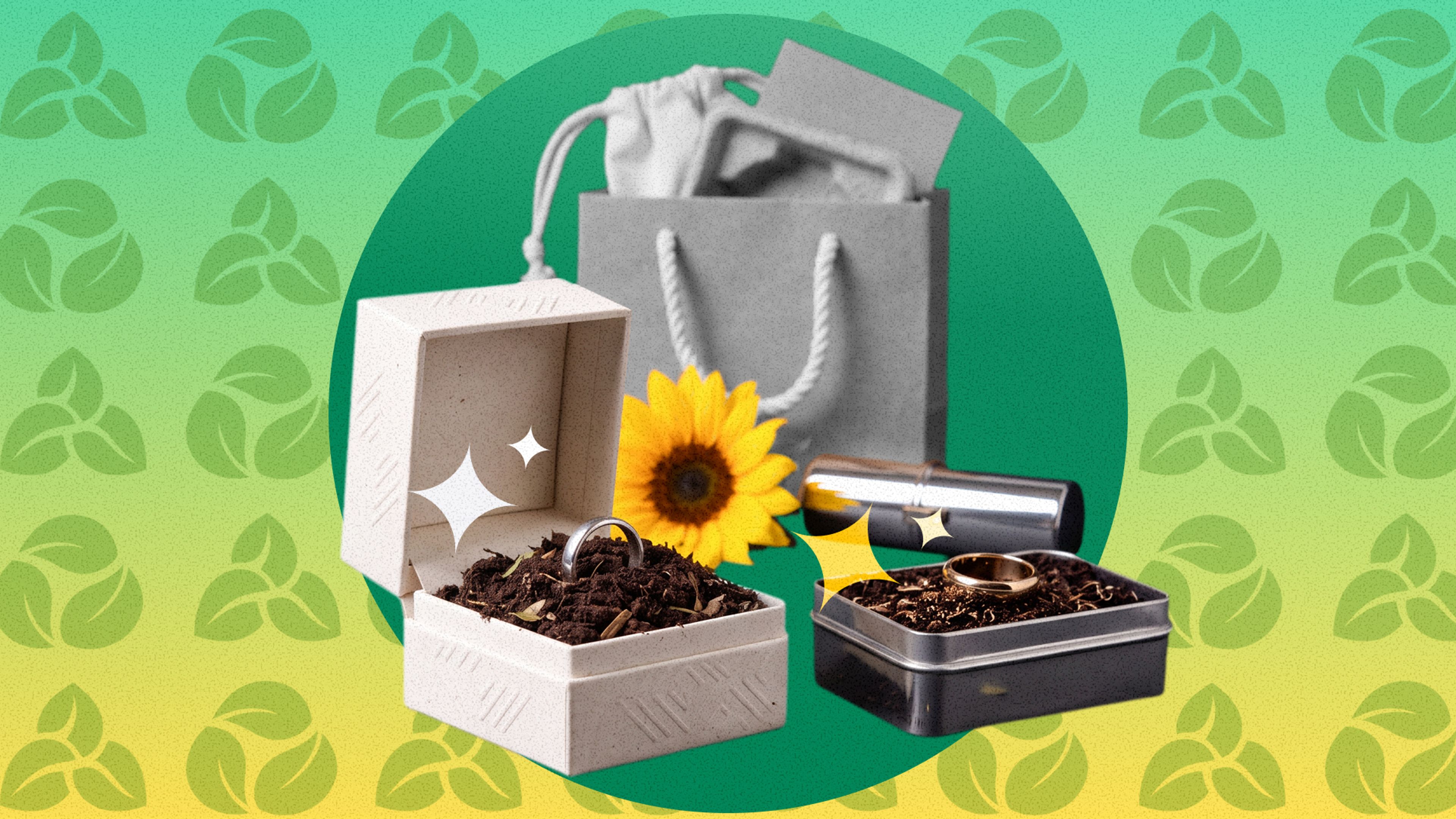 Illustrated eco jewelry packaging: a molded pulp ring box and a metal tin filled with soil, a paper bag, and a pouch.