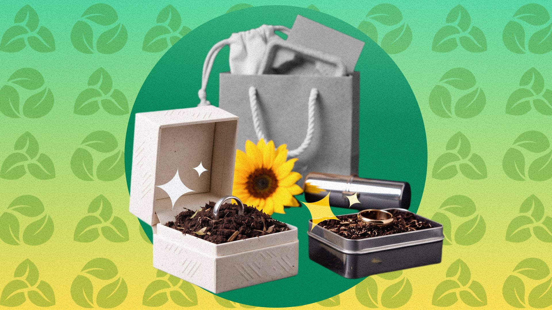 Illustrated eco jewelry packaging: a molded pulp ring box and a metal tin filled with soil, a paper bag, and a pouch.