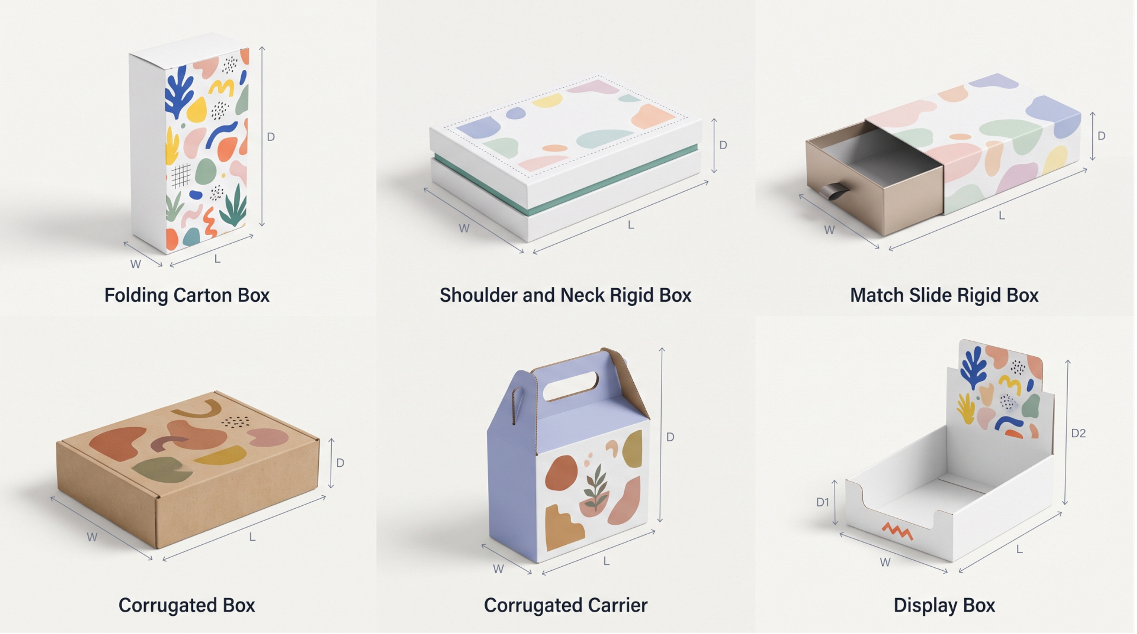 6 box styles labeled with length, width, and depth, including a display box with 2 depth measurements.