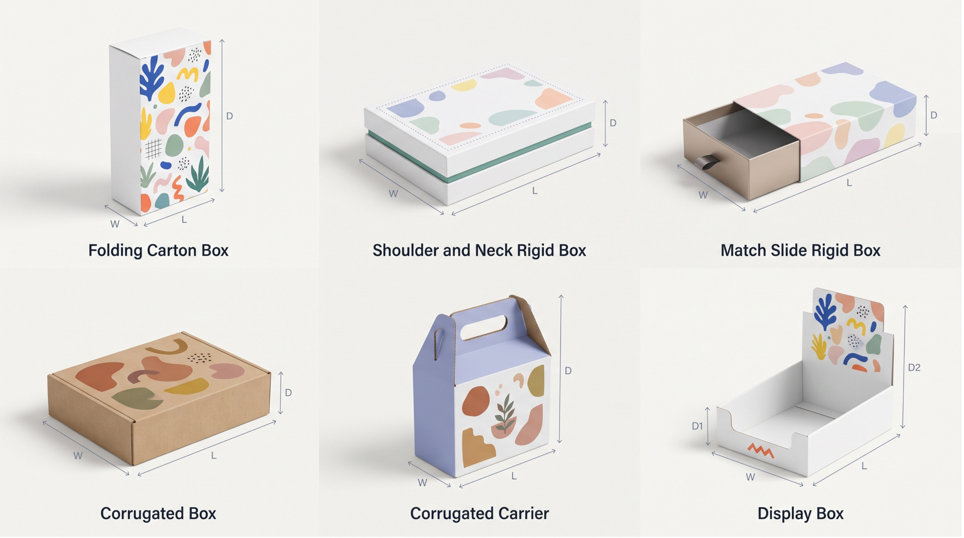 6 box styles labeled with length, width, and depth, including a display box with 2 depth measurements.