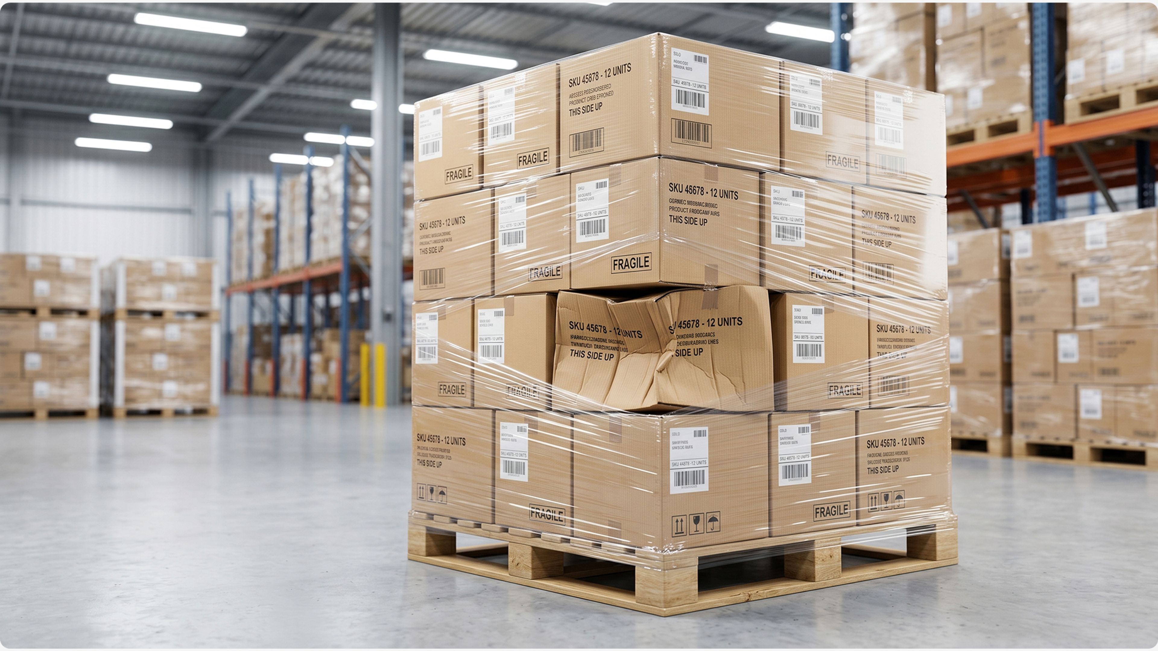 Crushed box on a stacked warehouse pallet, showing transit damage from an untested format.