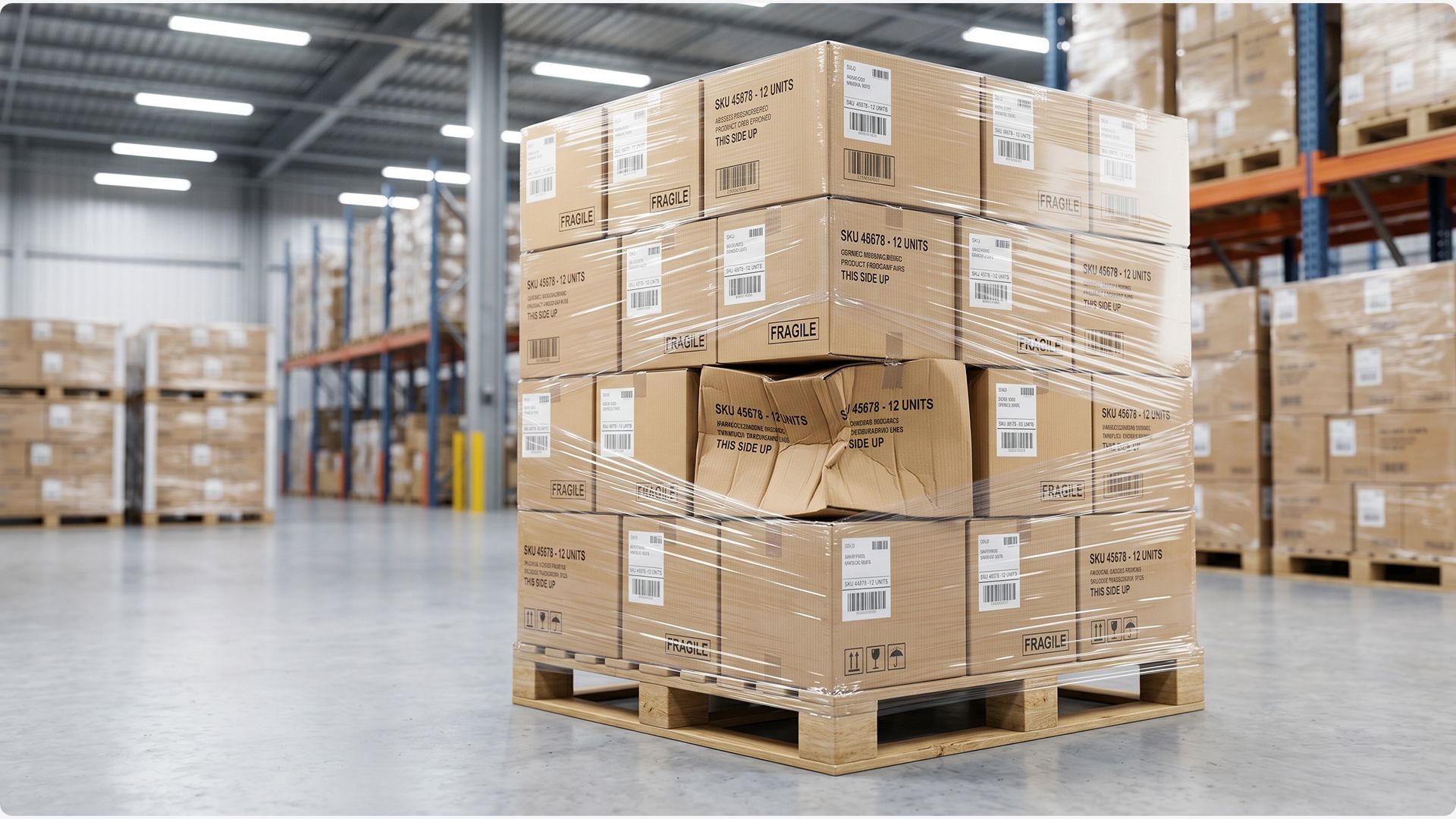 Crushed box on a stacked warehouse pallet, showing transit damage from an untested format.