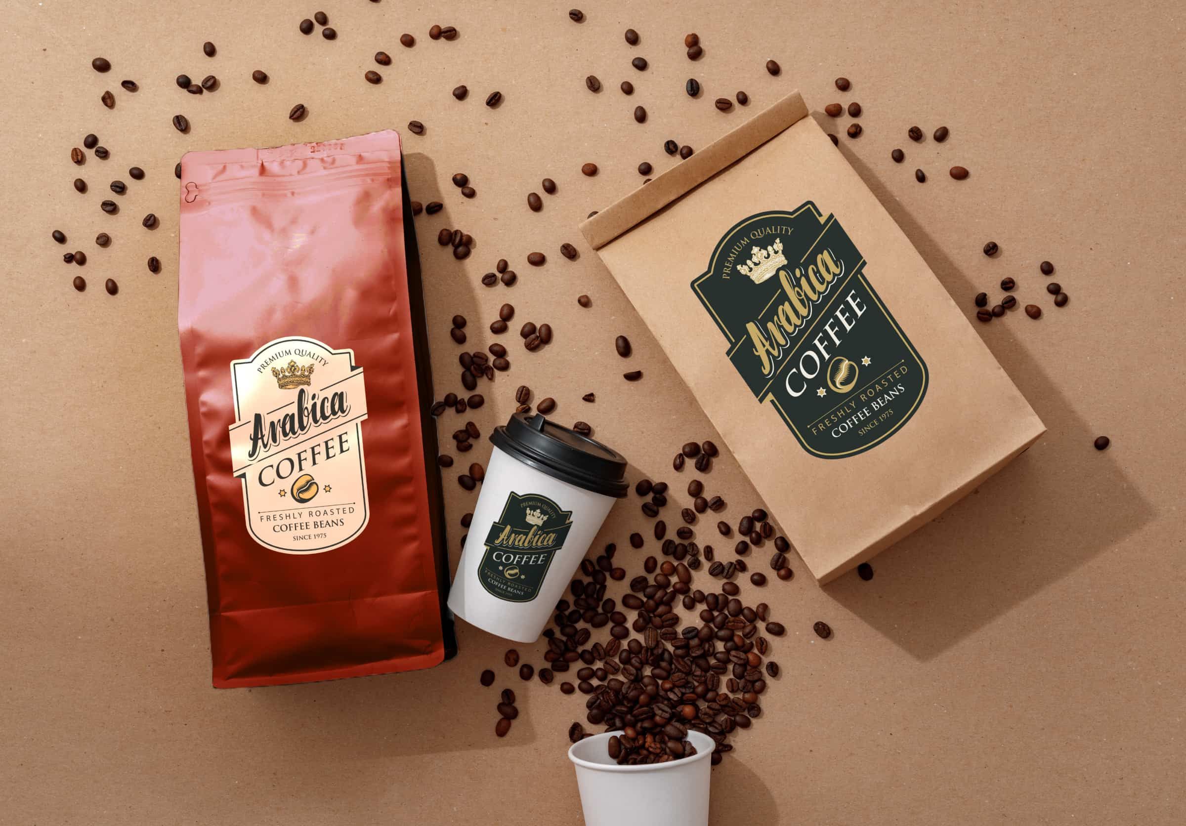 Pouches with coffee beans laying on a brown background. Example of flexible packaging.