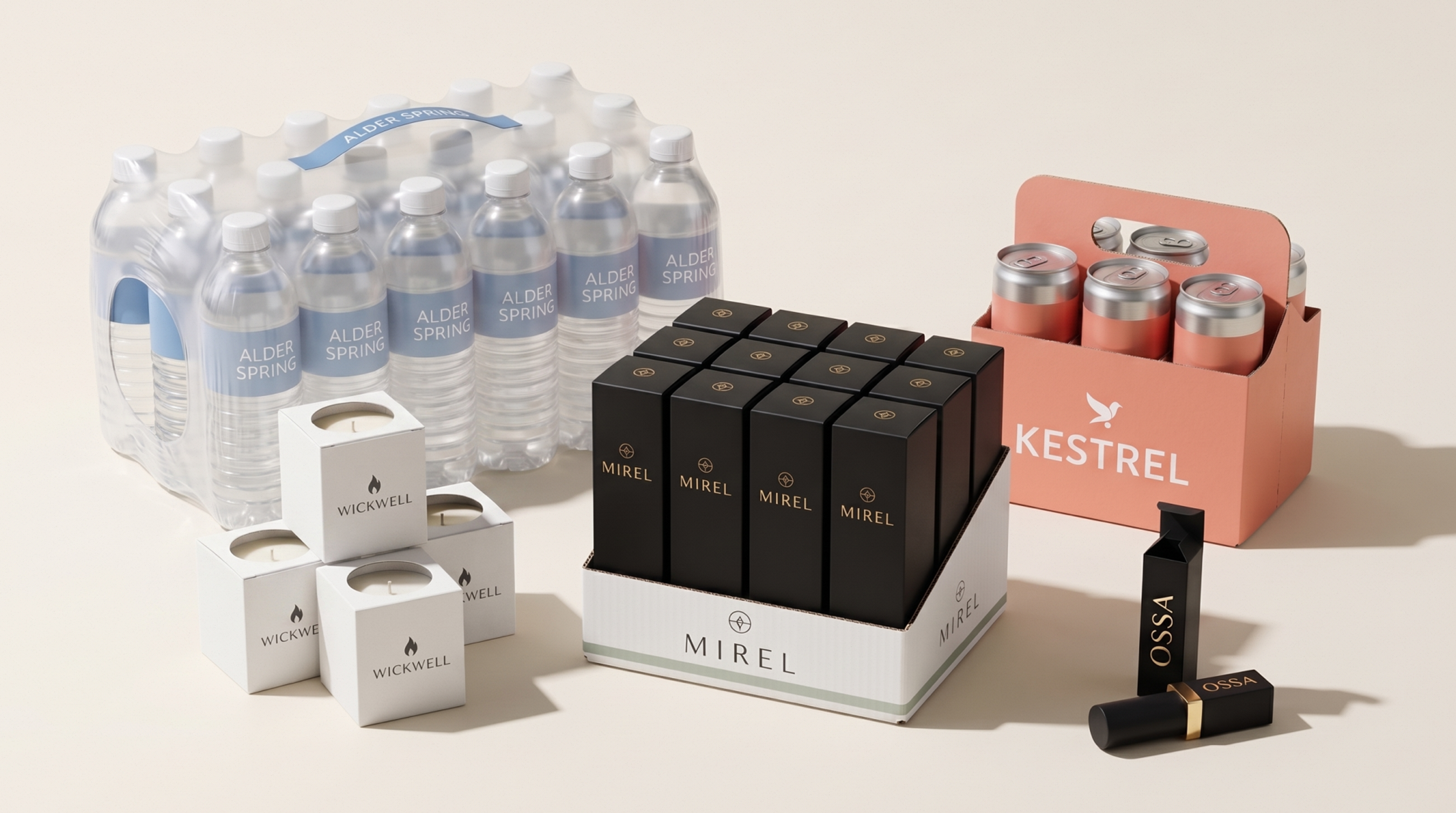 Secondary packaging examples: a shrink-wrapped water multipack, candle cartons, a display tray, and a can carrier.