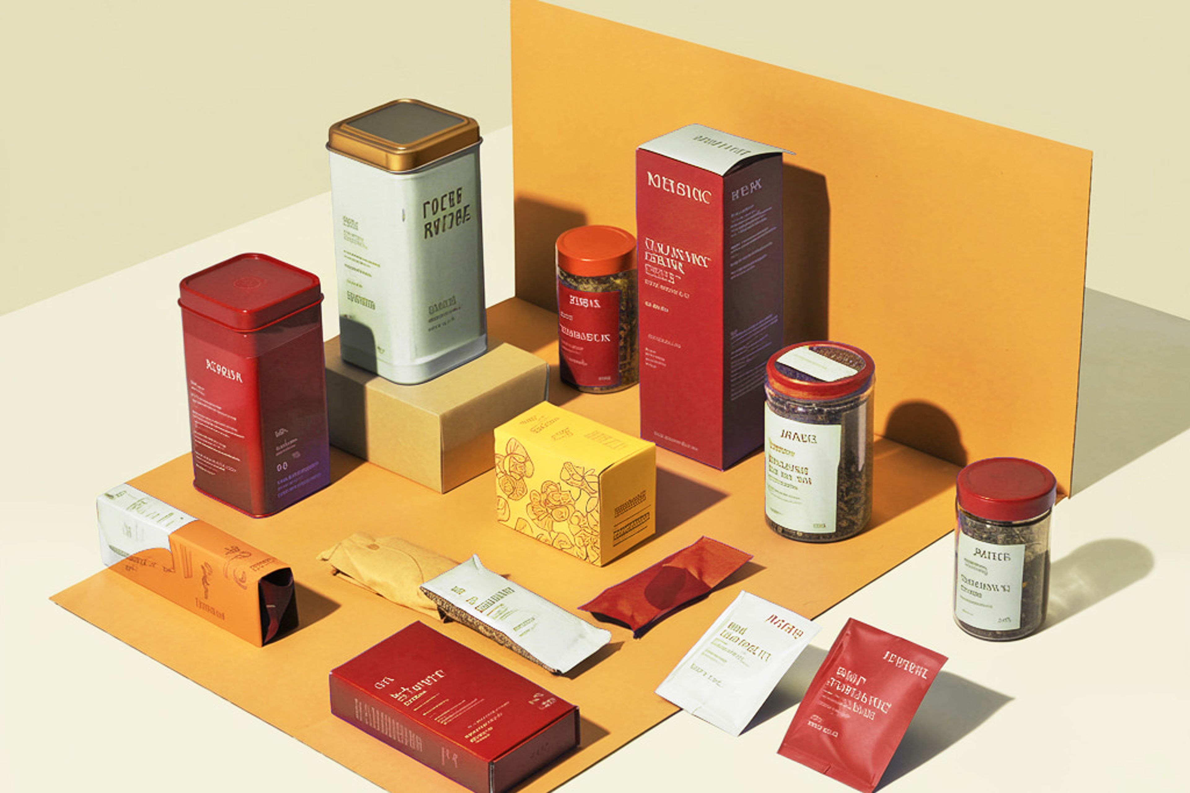 Different kinds of packaging, including folding cartons, tins, and bottles