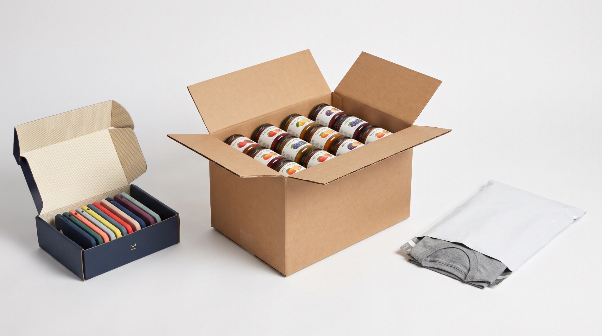 Navy mailer box of phone cases, corrugated shipping box of jam jars, and white poly mailer holding a folded t-shirt.
