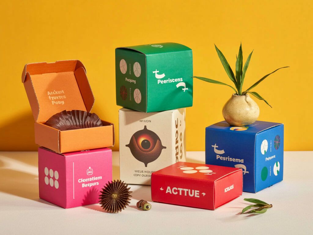 Colorful Packaging Boxes with Abstract Patterns Showcasing Unique Design & Color Scheme.