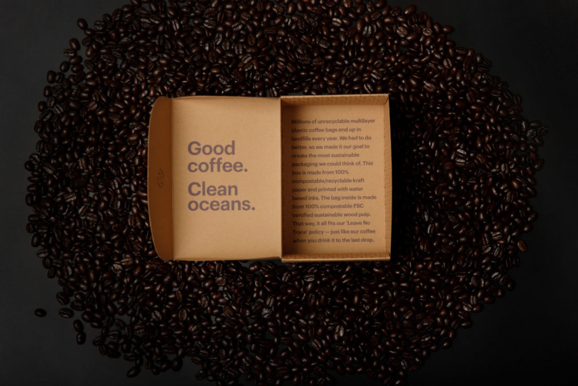 Top view of an open Tideline coffee box displaying sustainability text, surrounded by dark roasted coffee beans.