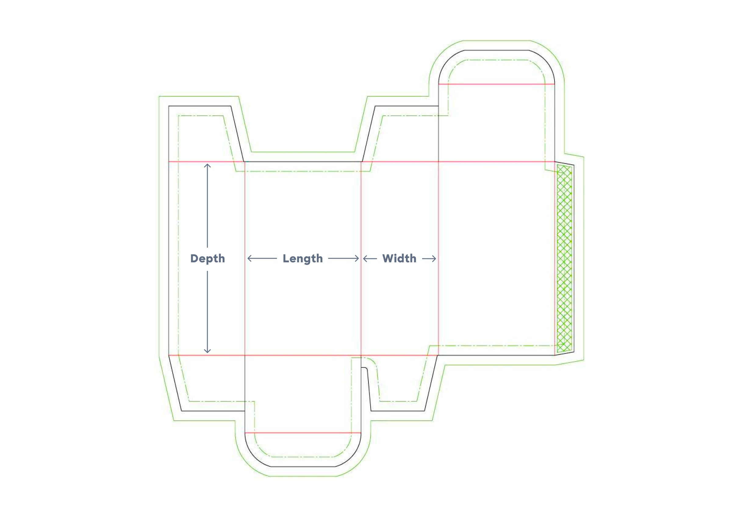 Length, width, depth (or height) of a box in a dieline form.