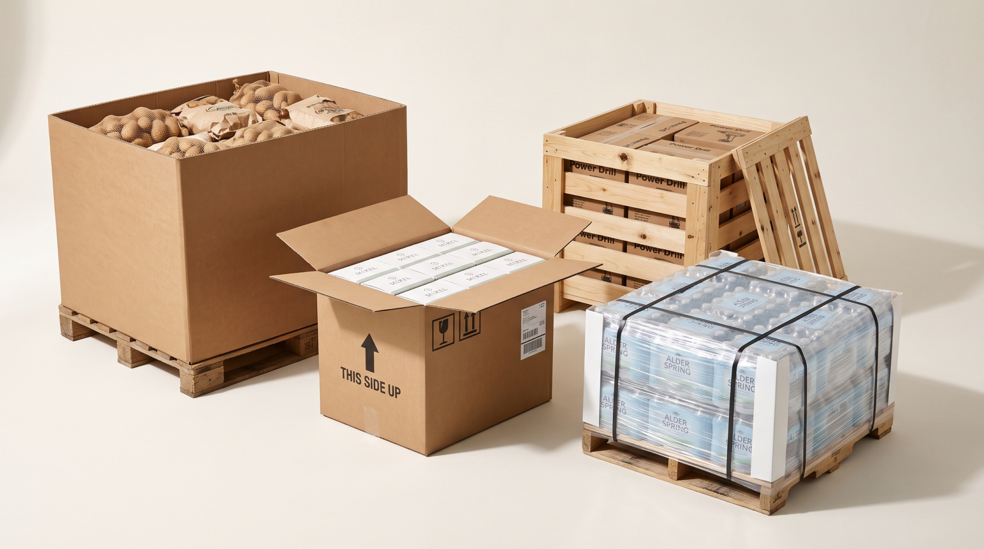 Tertiary packaging examples: a bulk bin on a pallet, a corrugated shipping case, a wooden crate, and a wrapped pallet.