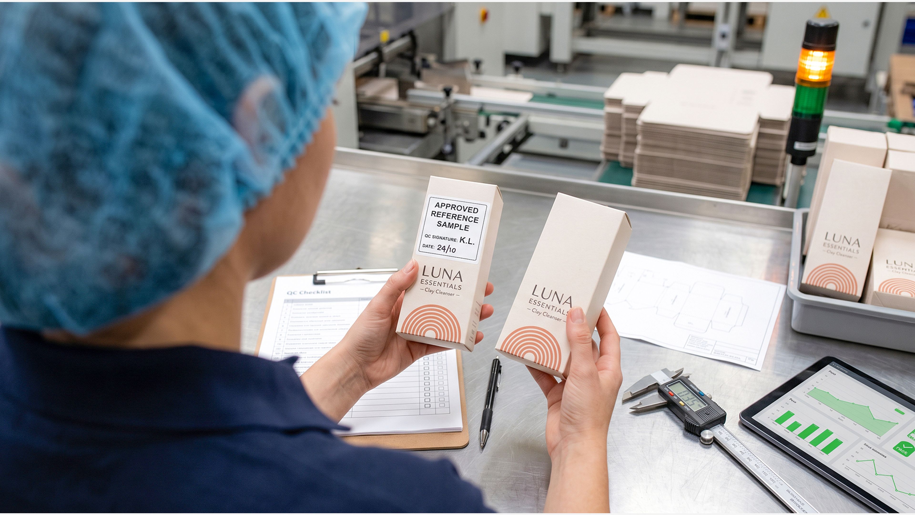 A quality inspector at a bench comparing a production package against an approved reference sample.