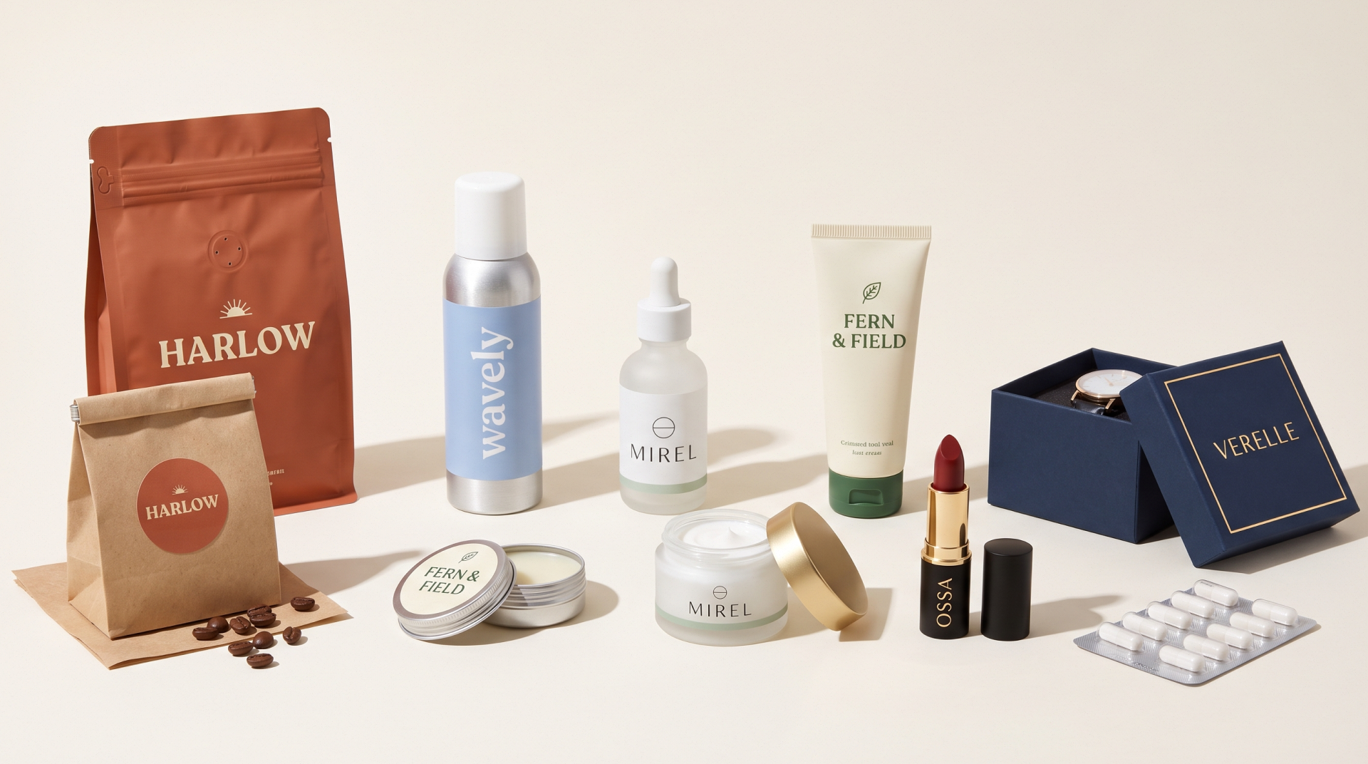Primary packaging examples including a coffee pouch, dropper bottle, cream tube, lipstick, watch box, and blister pack.