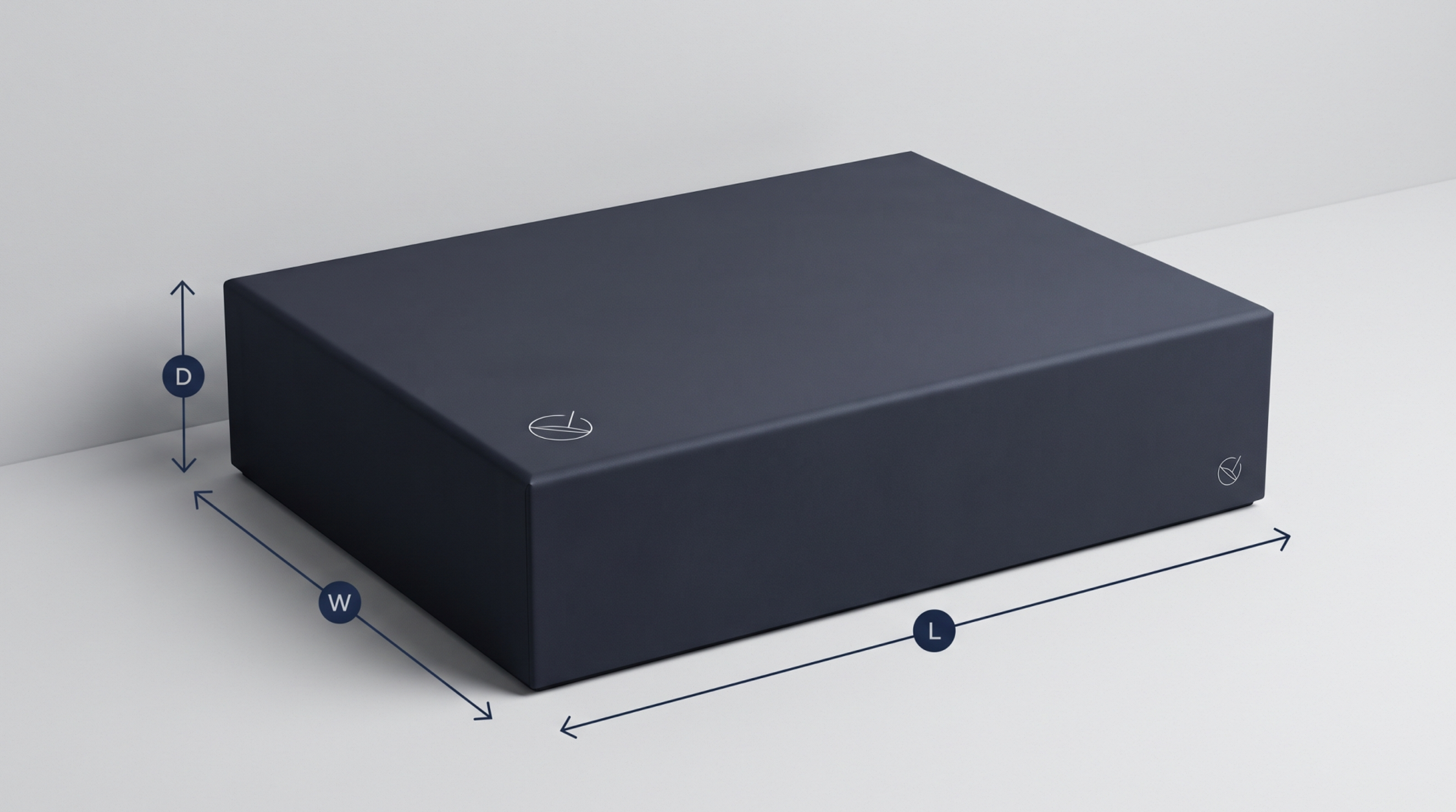 Navy rigid box lying flat with length and width marked across the lid and depth marked on the side.