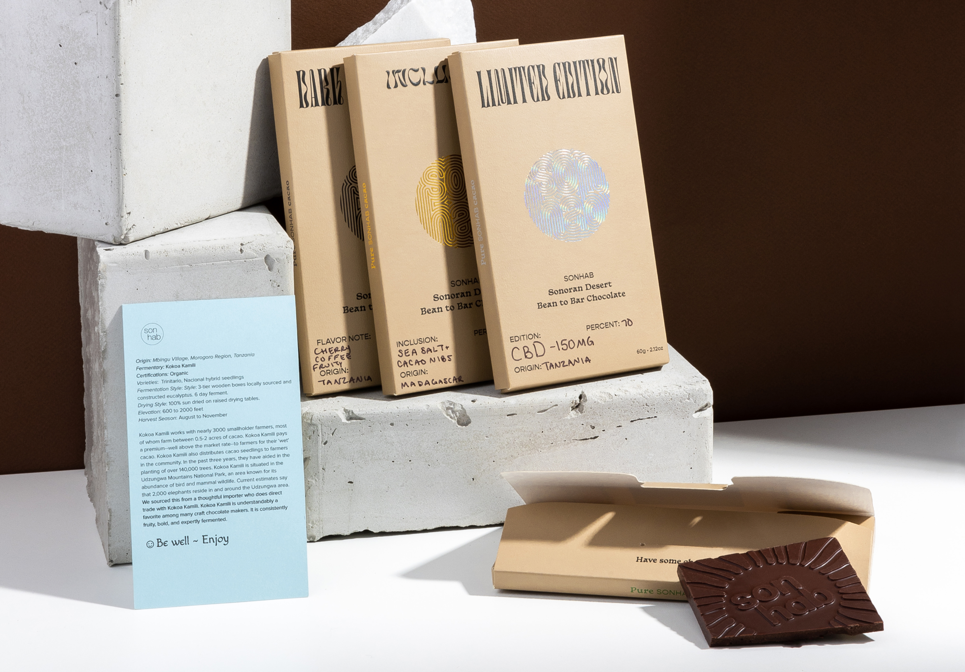 Sonhab chocolate packaging with different foil stamping.