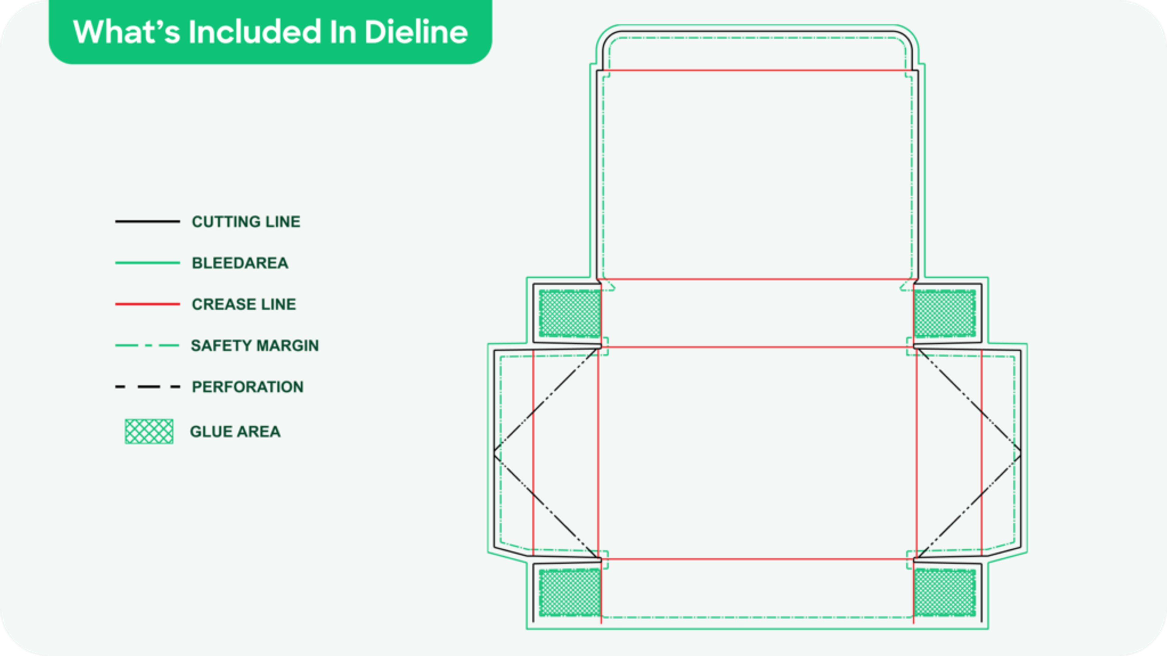 What is included in a dieline? How to read dieline components and markers such as cutting lines, bleed lines, crease lines, safety margins, perforation lines, and glue areas.