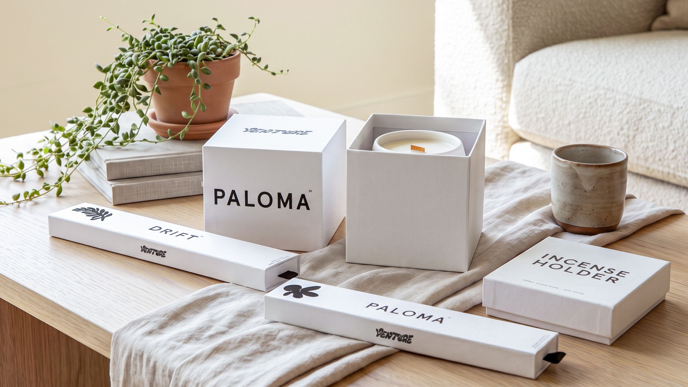 A display of Venture brand home fragrance products on a light wood table, including a Paloma candle in a white box, Drift and Paloma incense boxes, an incense holder, and a potted trailing plant.