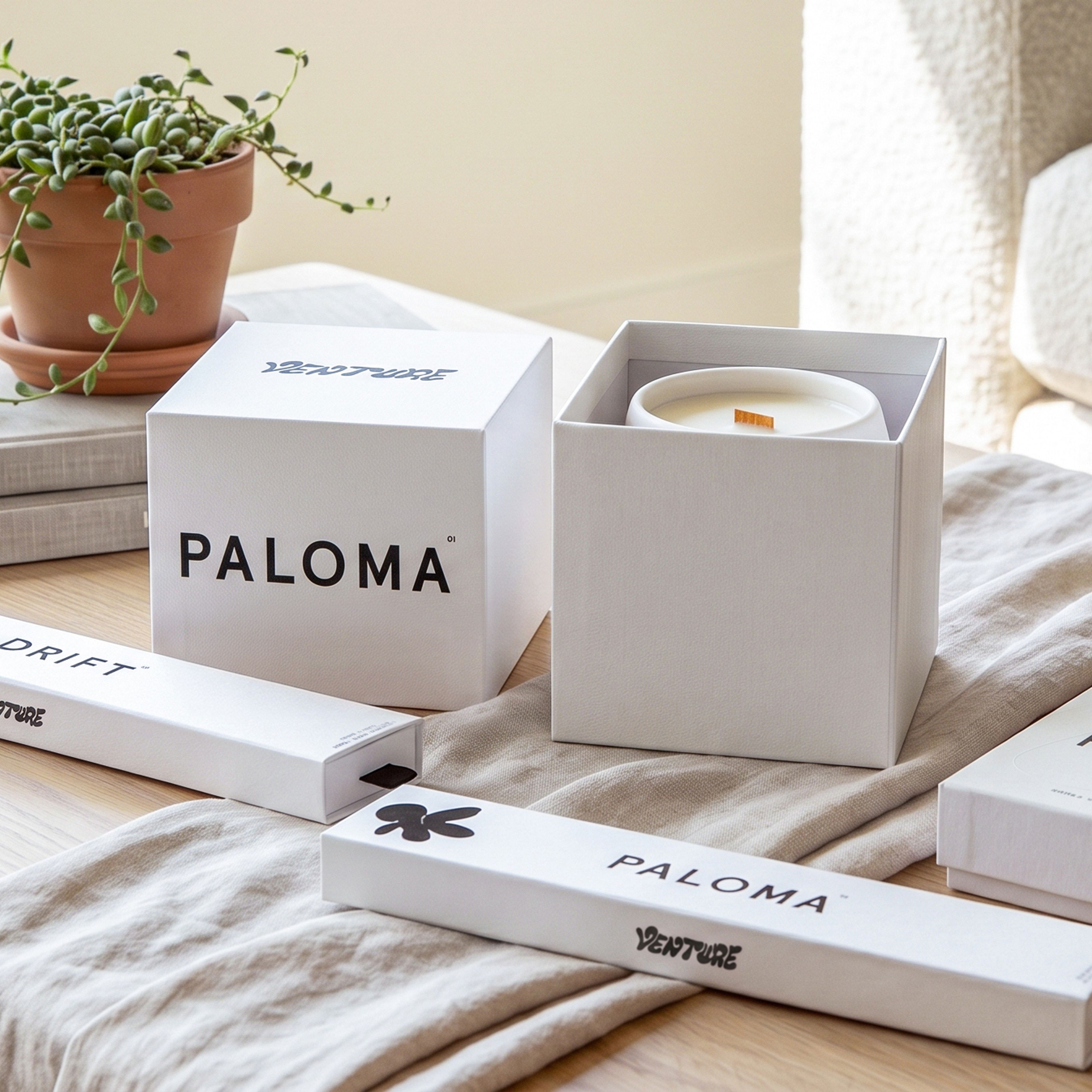 A display of Venture brand home fragrance products on a light wood table, including a Paloma candle in a white box, Drift and Paloma incense boxes, an incense holder, and a potted trailing plant.