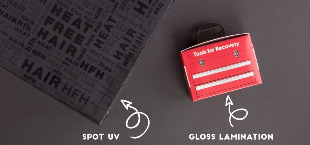 Custom packaging with gloss lamination and Spot UV.