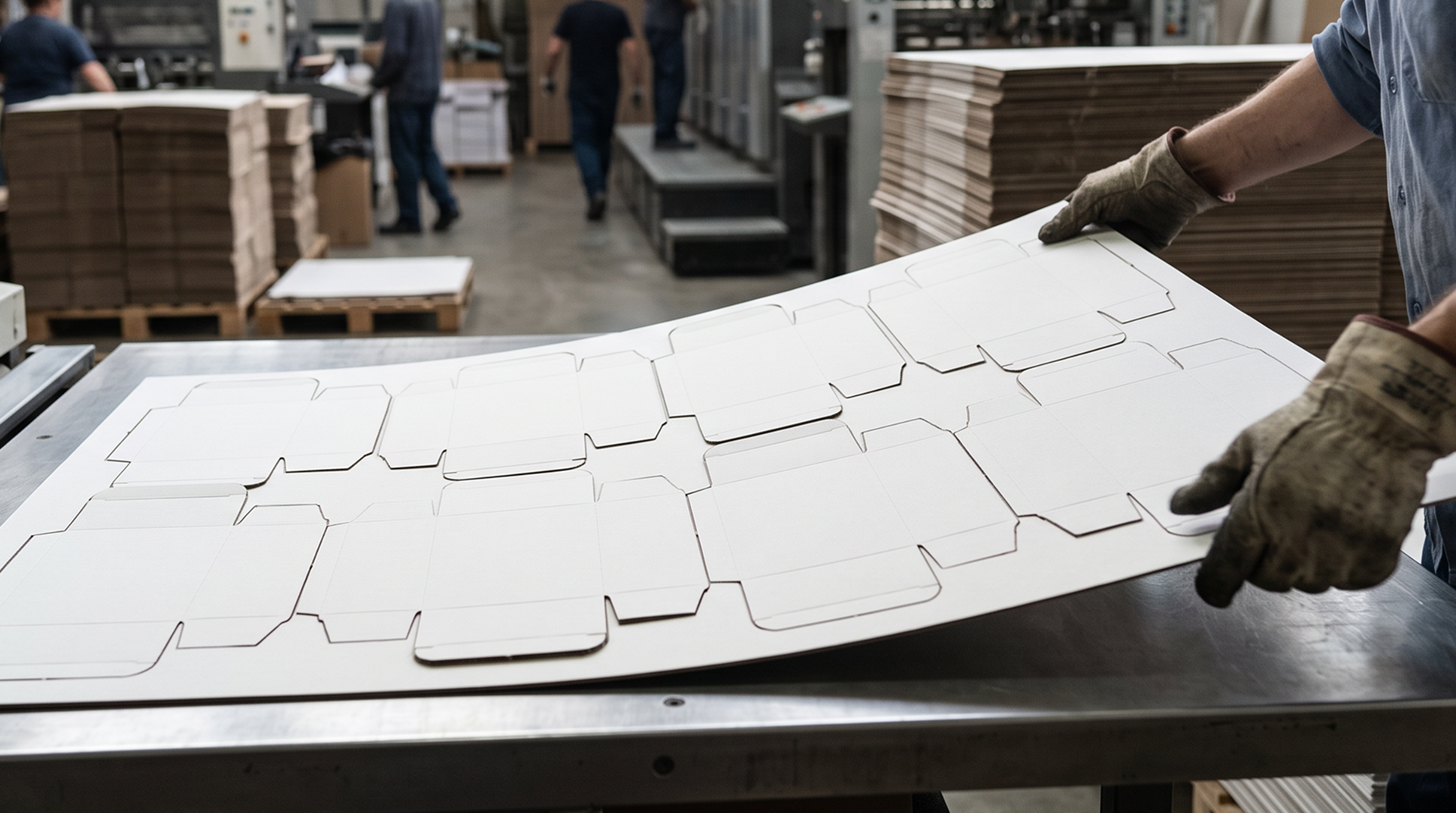 Gloved worker lifting a large sheet of die-cut box blanks nested together at a converting plant.