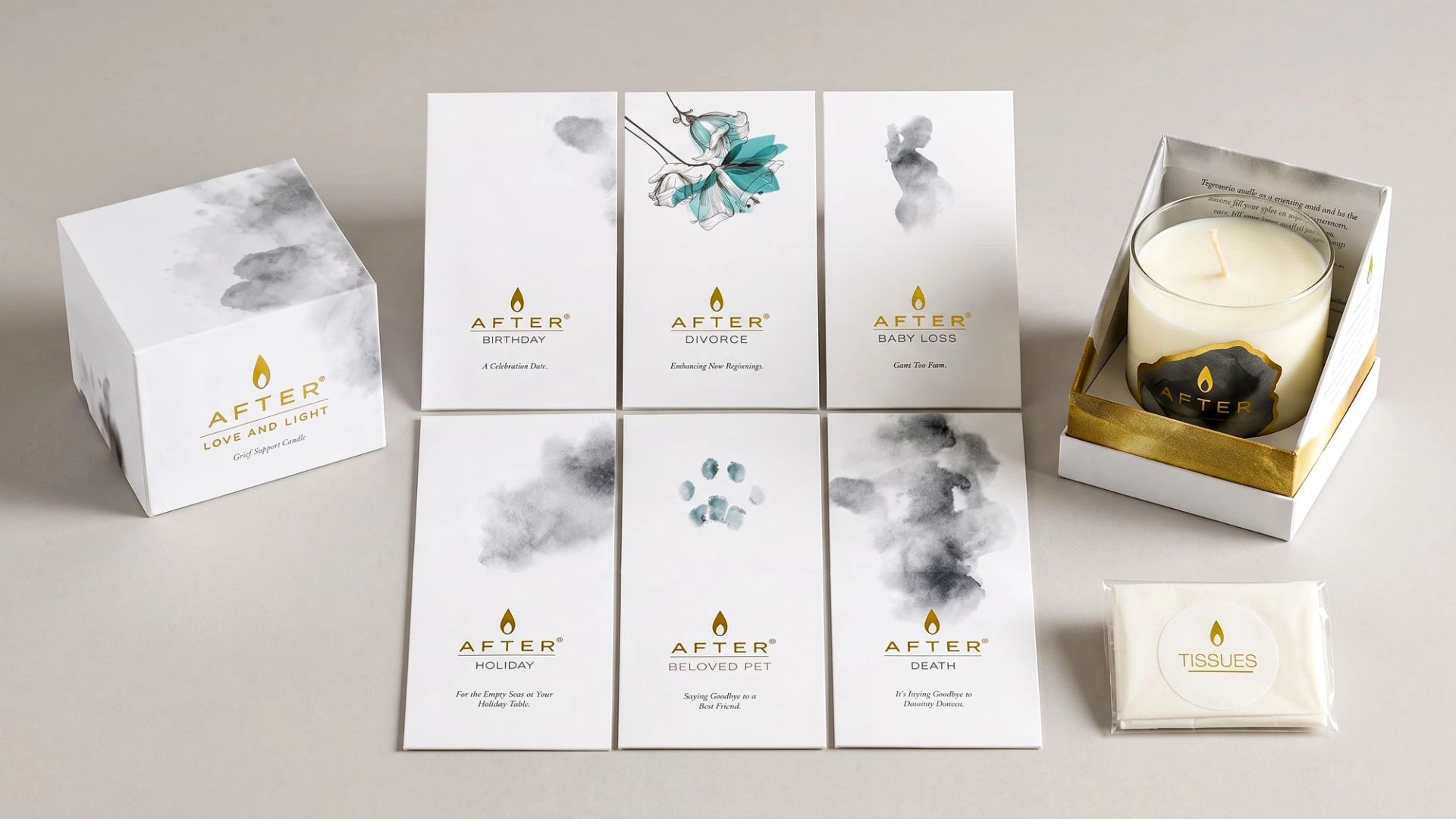 Six AFTER candle packaging sleeves with gold foil logos and grey watercolor art for various life milestones.