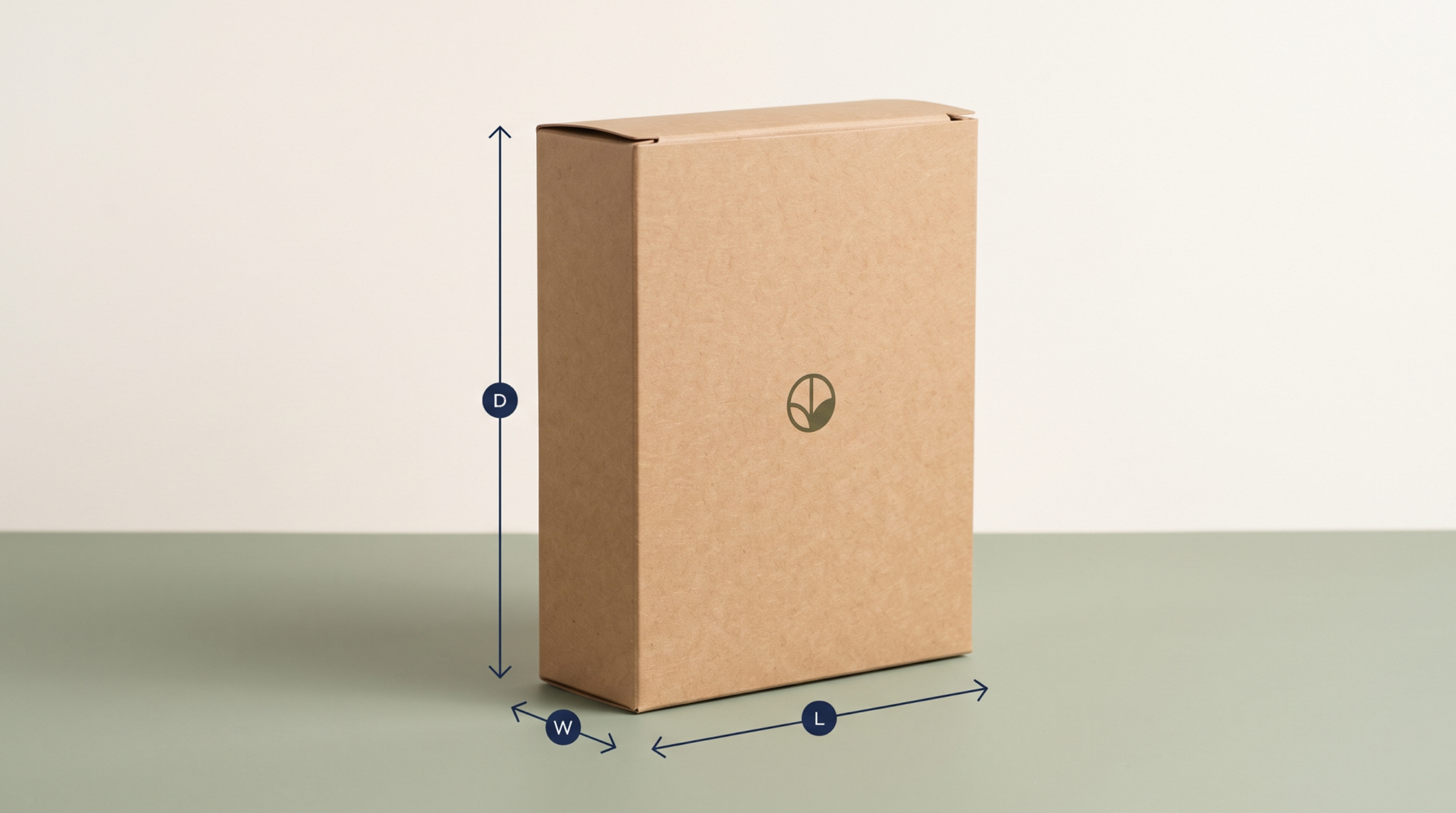 Upright kraft folding carton with length and width marked across the base and depth marked vertically.