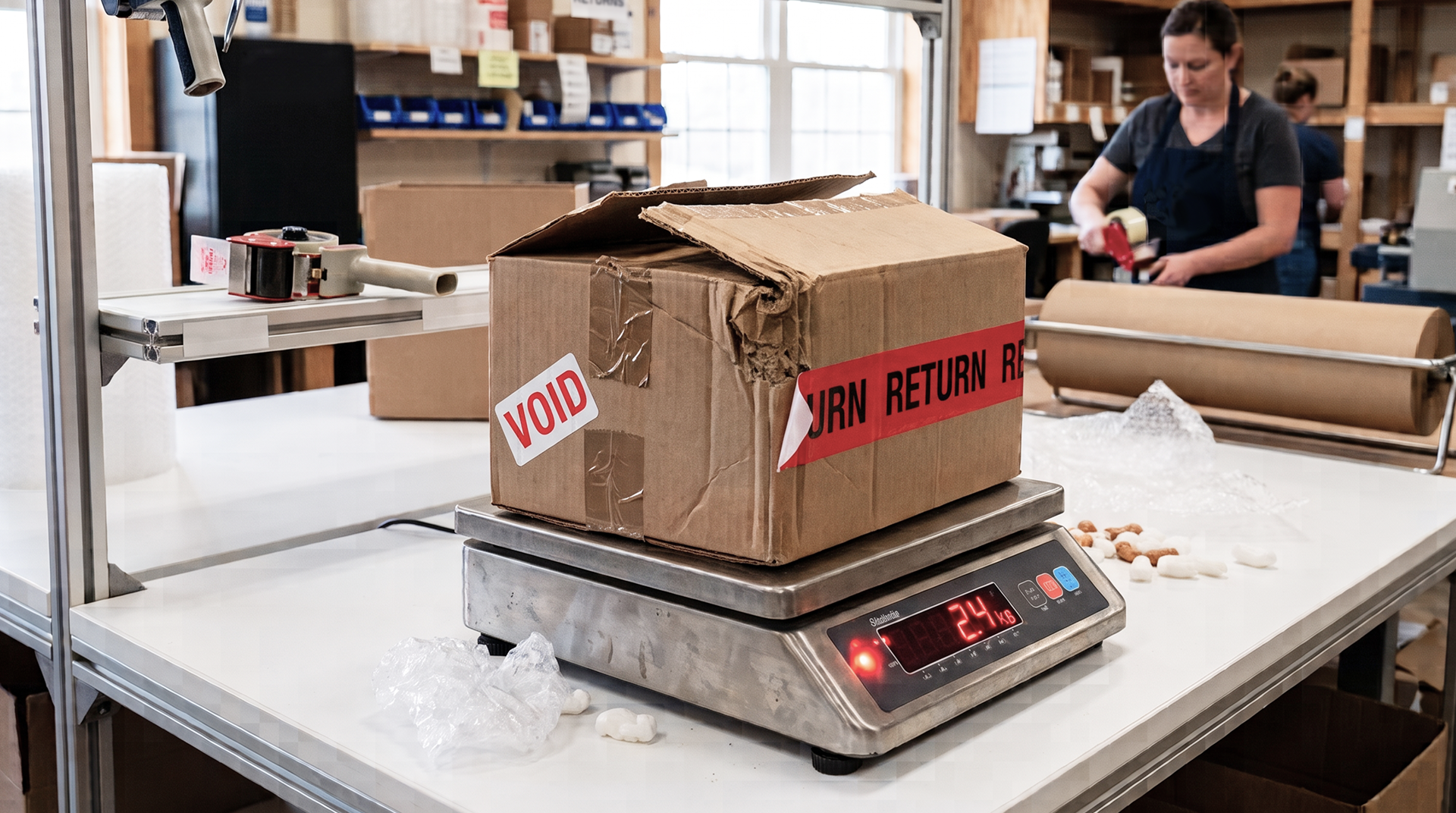 Crushed kraft box marked VOID and taped RETURN sitting on a parcel scale at a packing station.