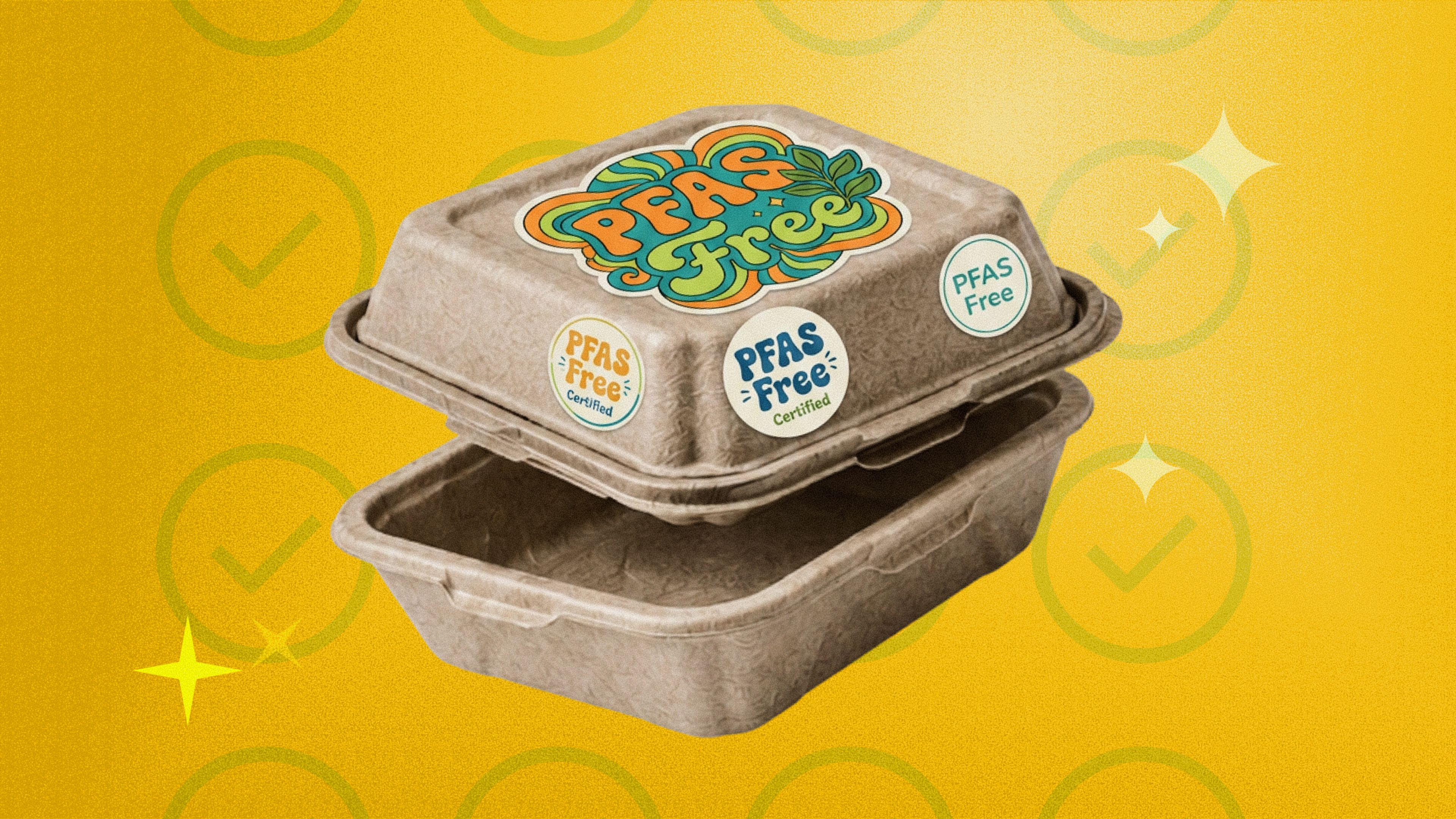 Fiber clamshell container covered in "PFAS Free" stickers against a yellow background with checkmark icons.