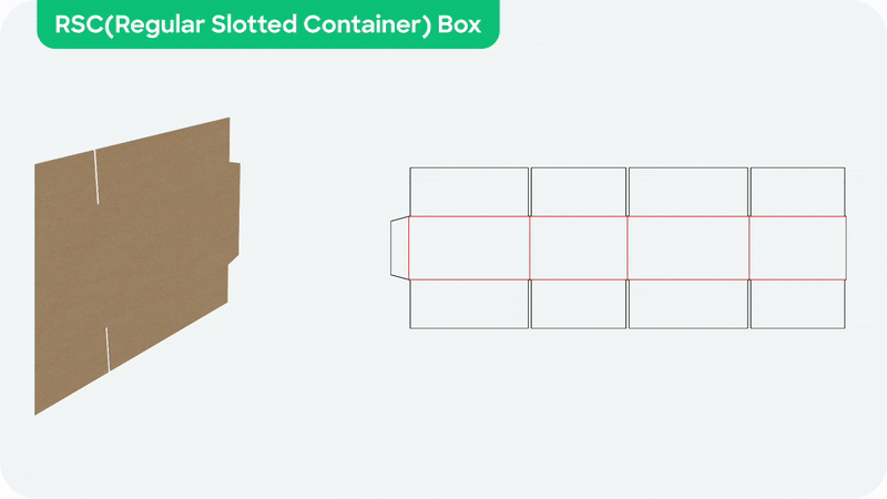 Example of a RSC box and its dieline, showing how it is folded in 3D mockup.